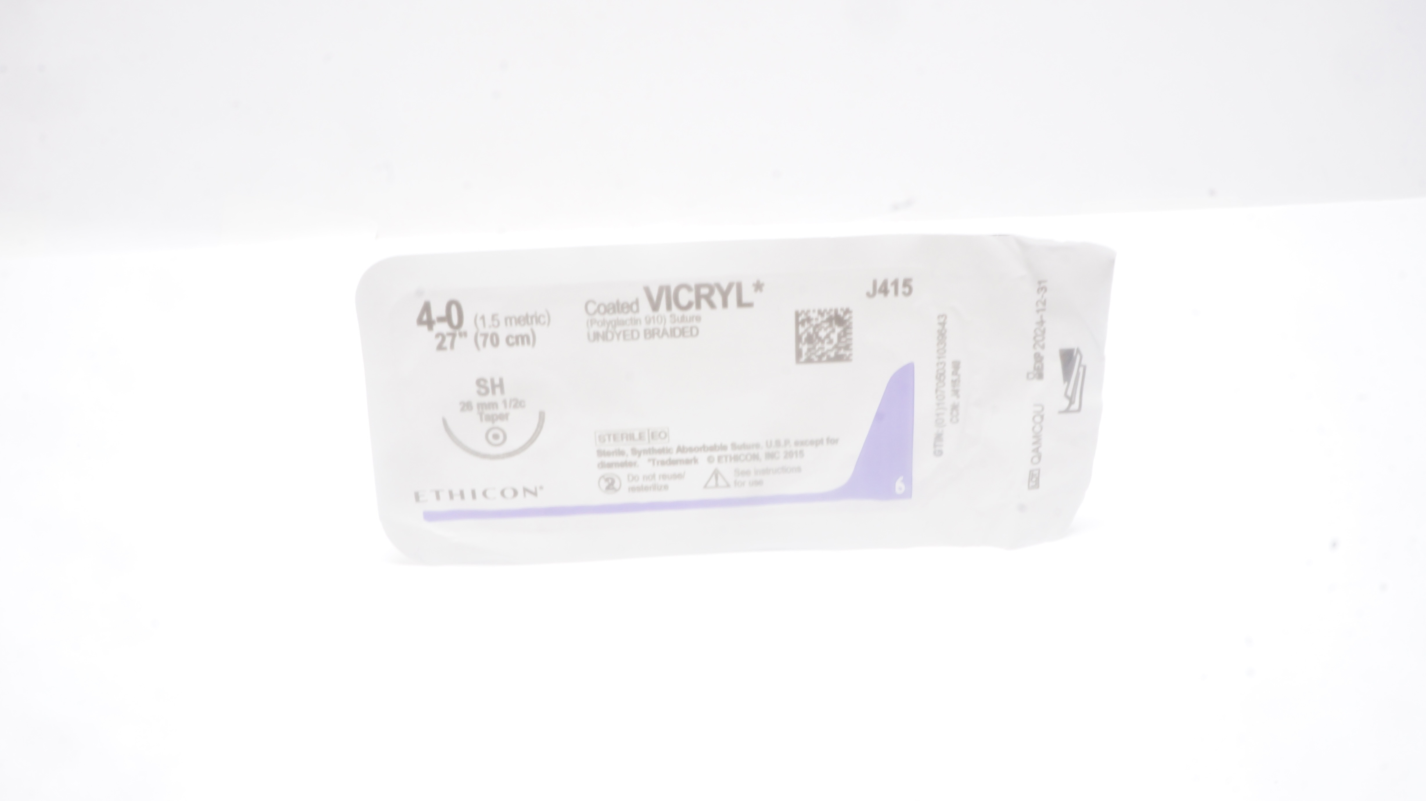 Ethicon J415 4-0 Coated Vicryl Stre Undyed Braided SH 26mm 1/2c Taper, 27inch