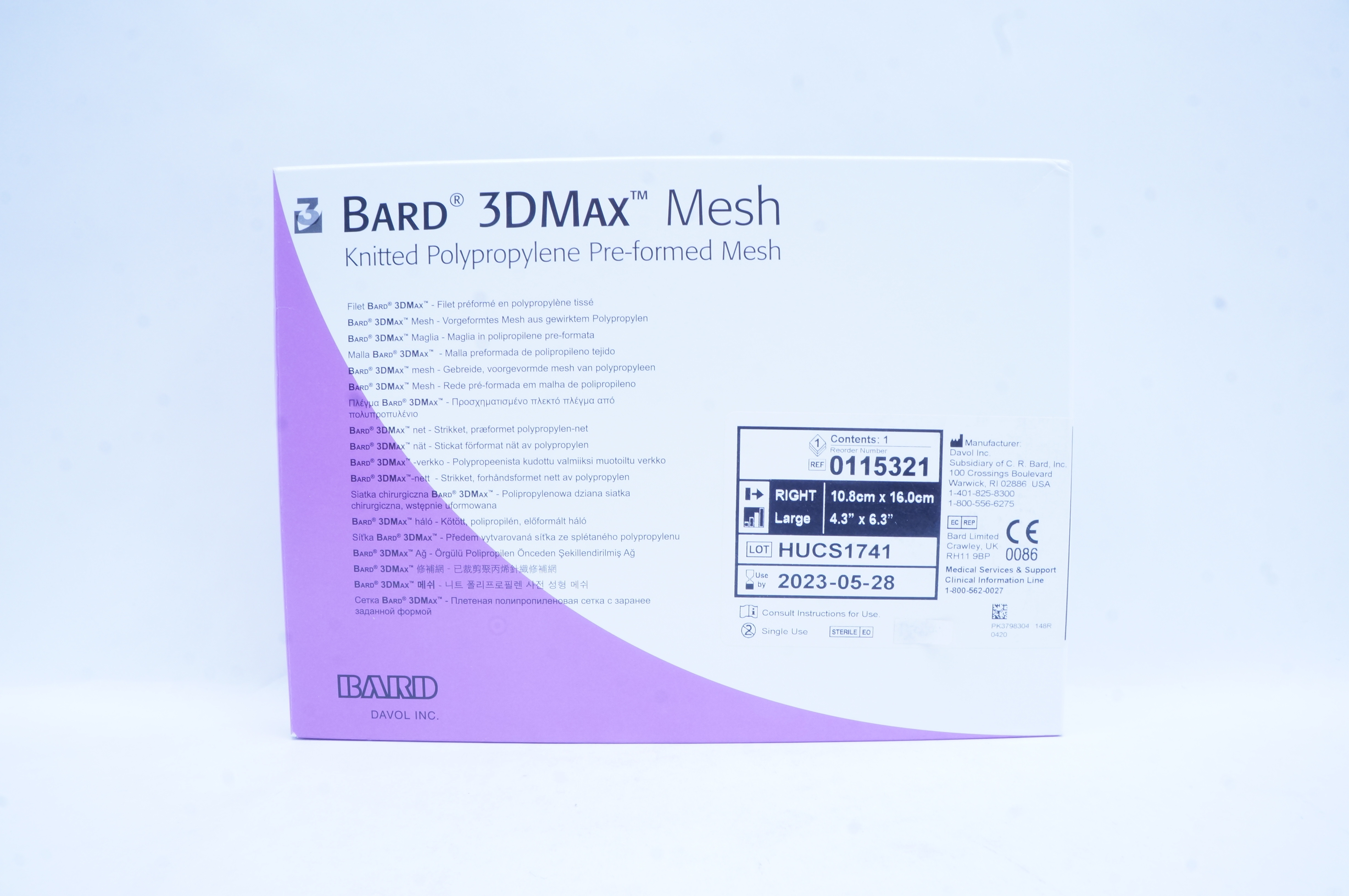 Bard 0115321 3DMax Knitted Polypropylene Pre-formed Mesh, Right,L,4.3 x 6.3in.
