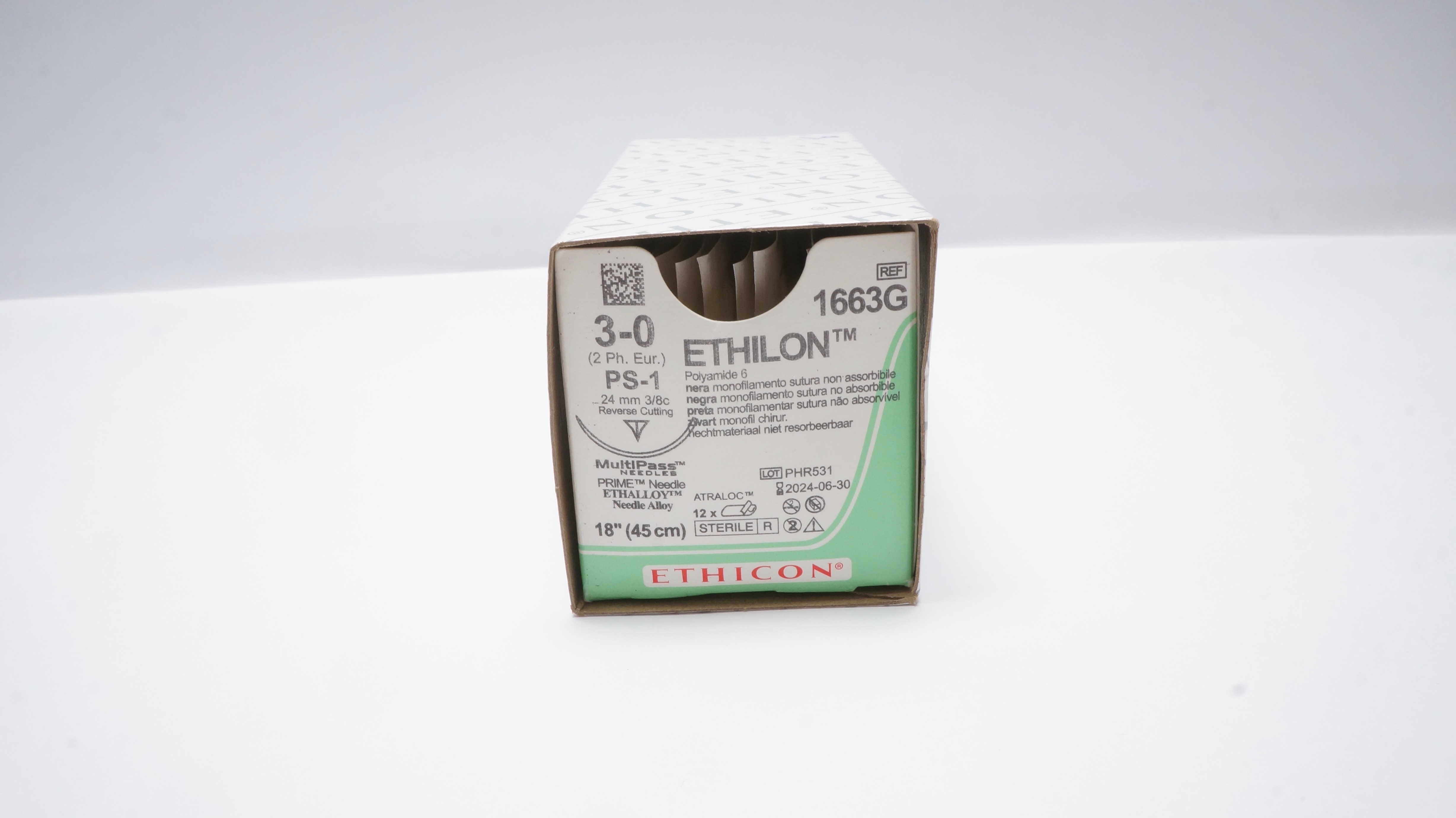 Ethicon 1663G 3-0 ETHILON BLACK 18inch Nylon Stre. PS-1 24mm Ndle.(x) -Box of 9
