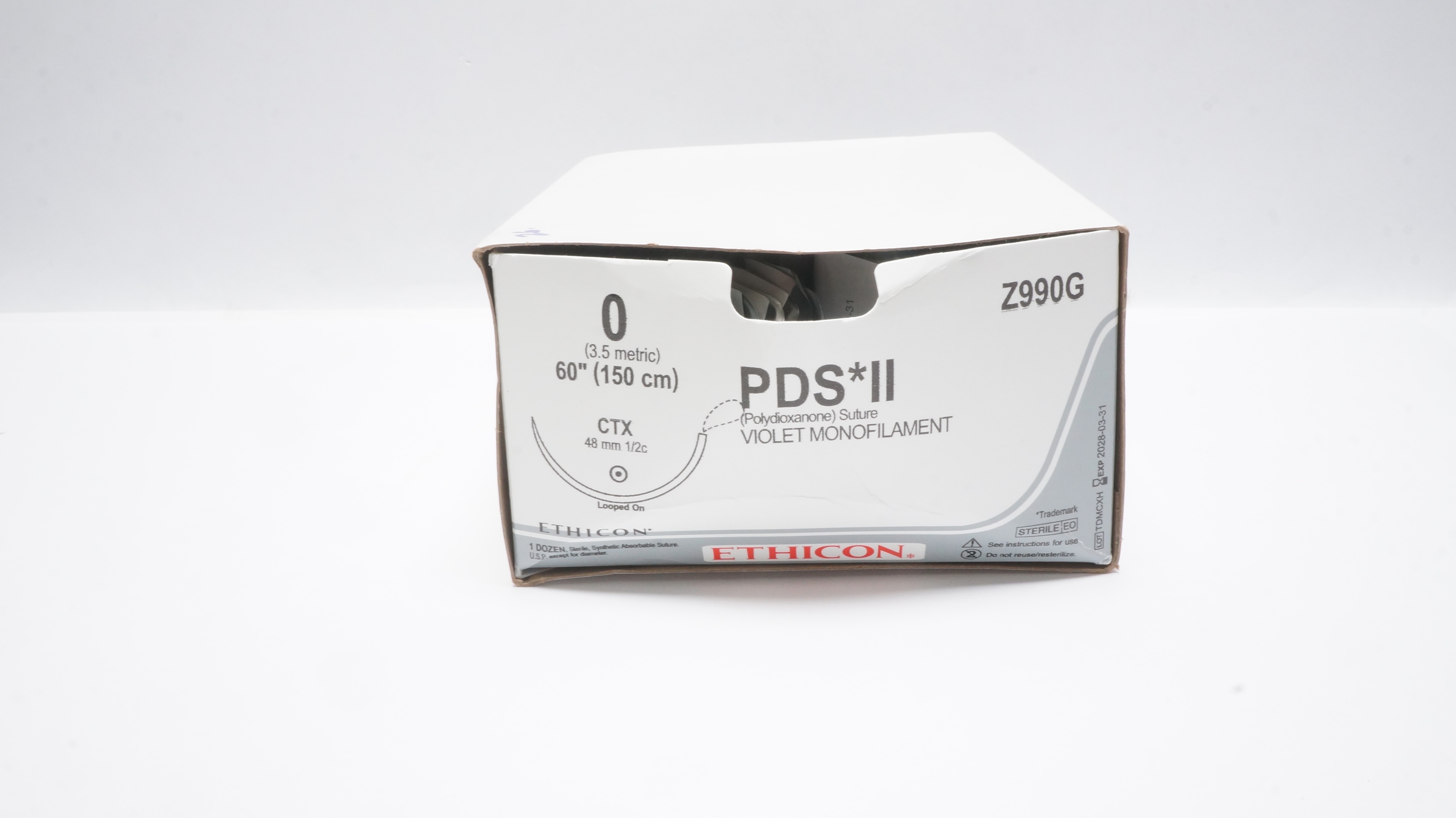 Ethicon Z990G 0 PDS II Polydioxanone Stre  CTX 48mm 1/2c, 60inch - Box of 26