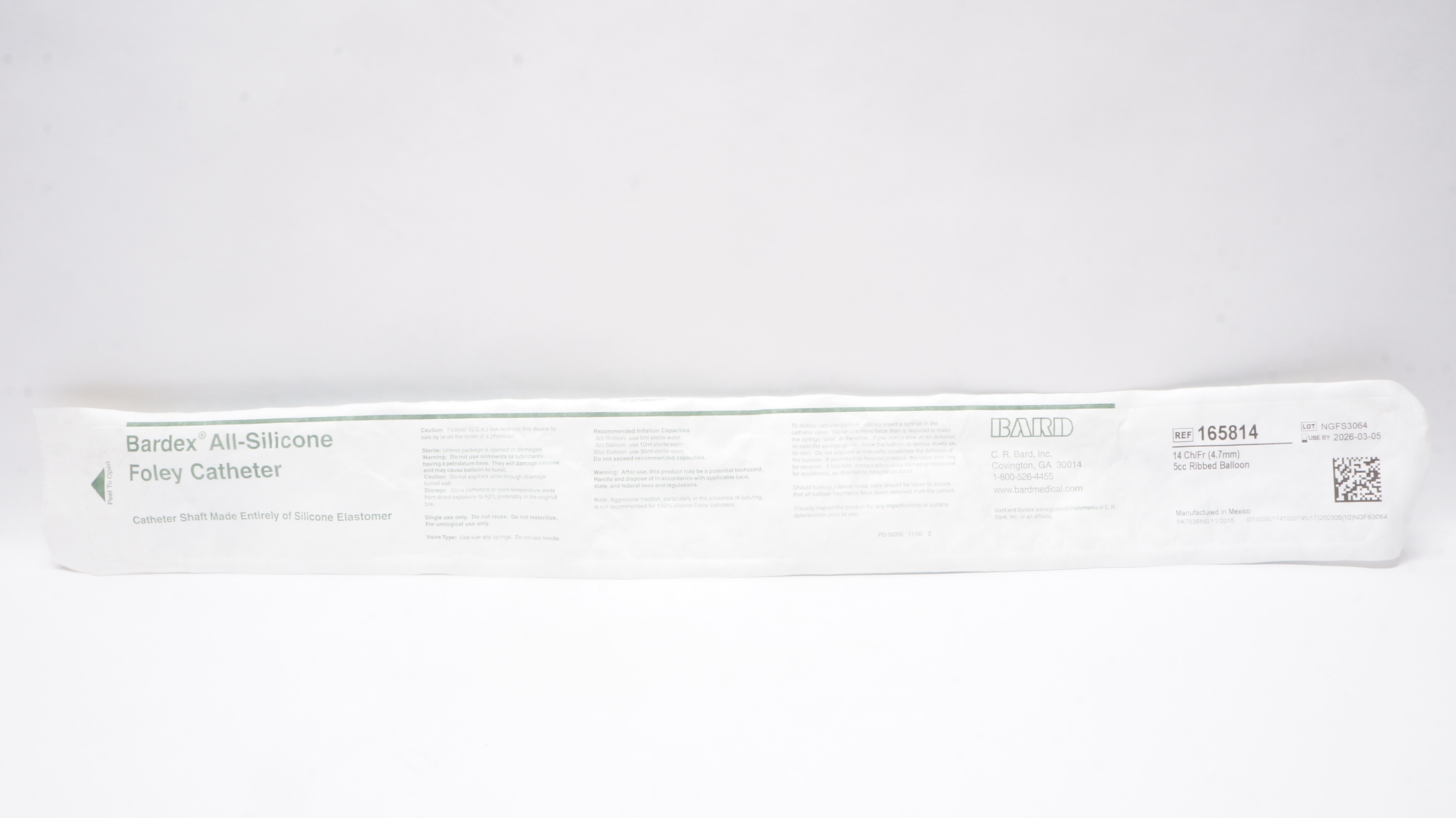 Bard 165814 Bardex All-Silicone Foley Cath. 14Ch/Fr 5cc Ribbed Balloon