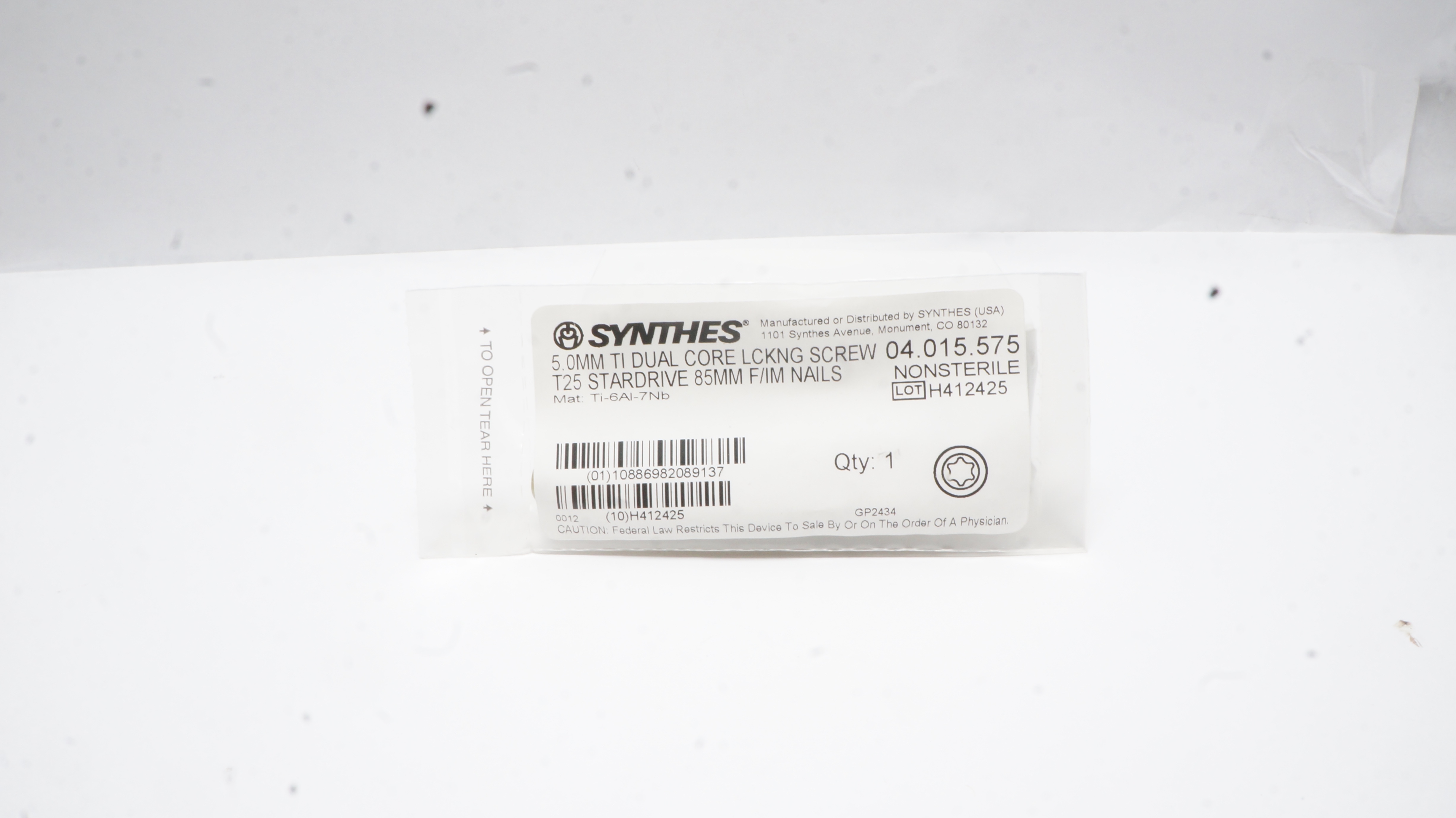 Synthes 04.015.575 5.0mm TI Dual Core LCKNG Screw T25 Stardrive 85mm F/IM Nails