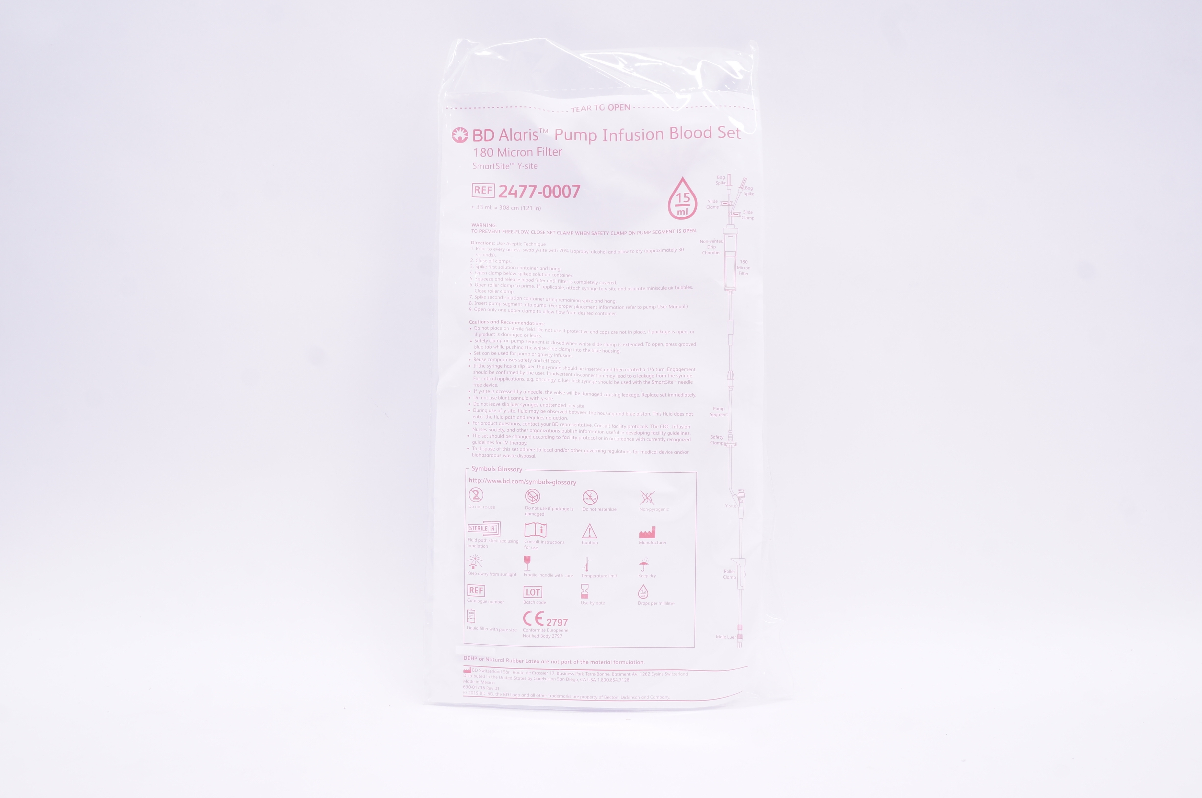 BD 2477-0007 Alaris Pump Infusion Blood Set 33ml x 121inch 15Drops/mL