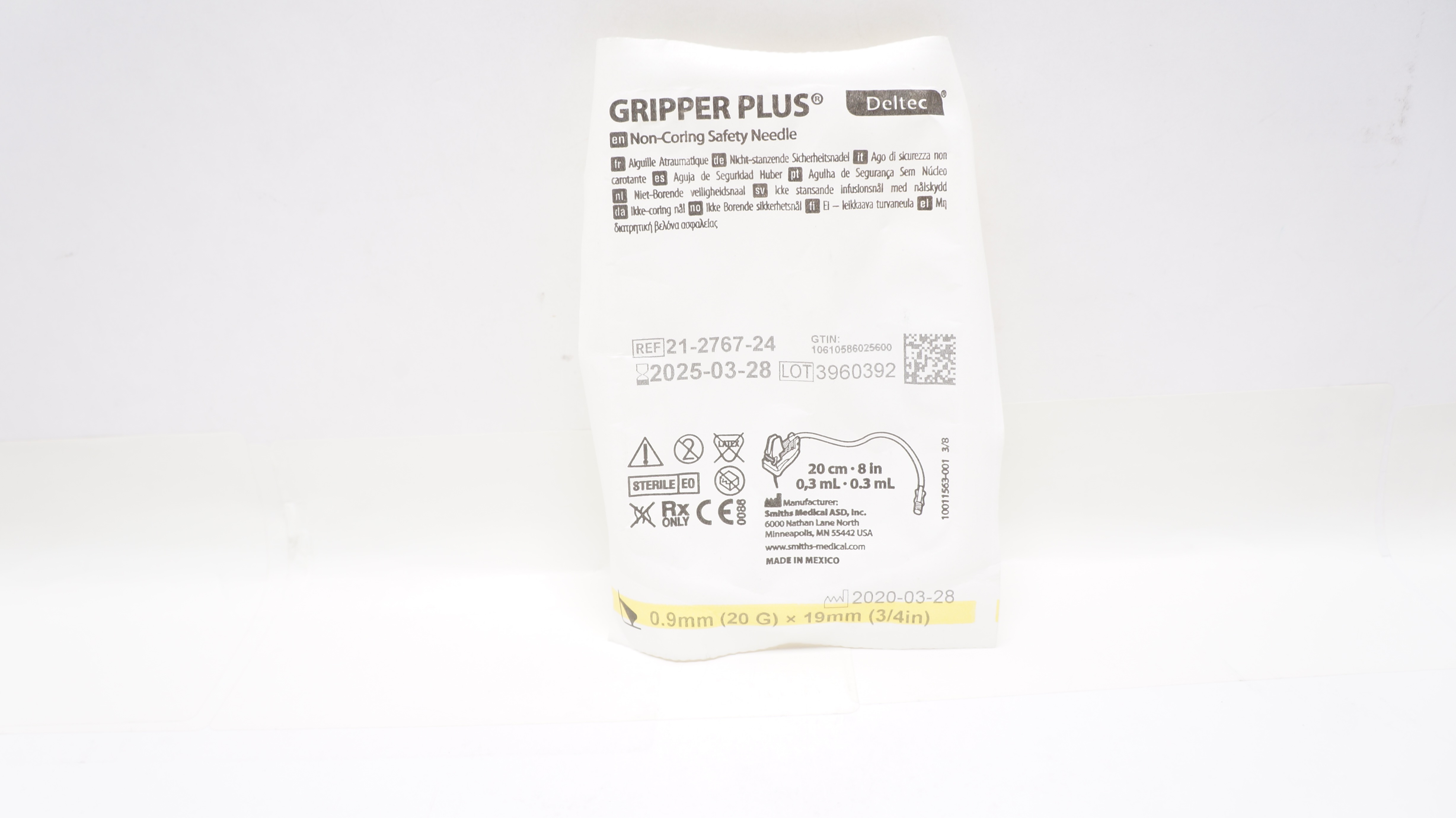 Smith Medical 21-2767-24 Gripper Plus Deltec Non-Coring Safety Ndle 20Gx3/4inch