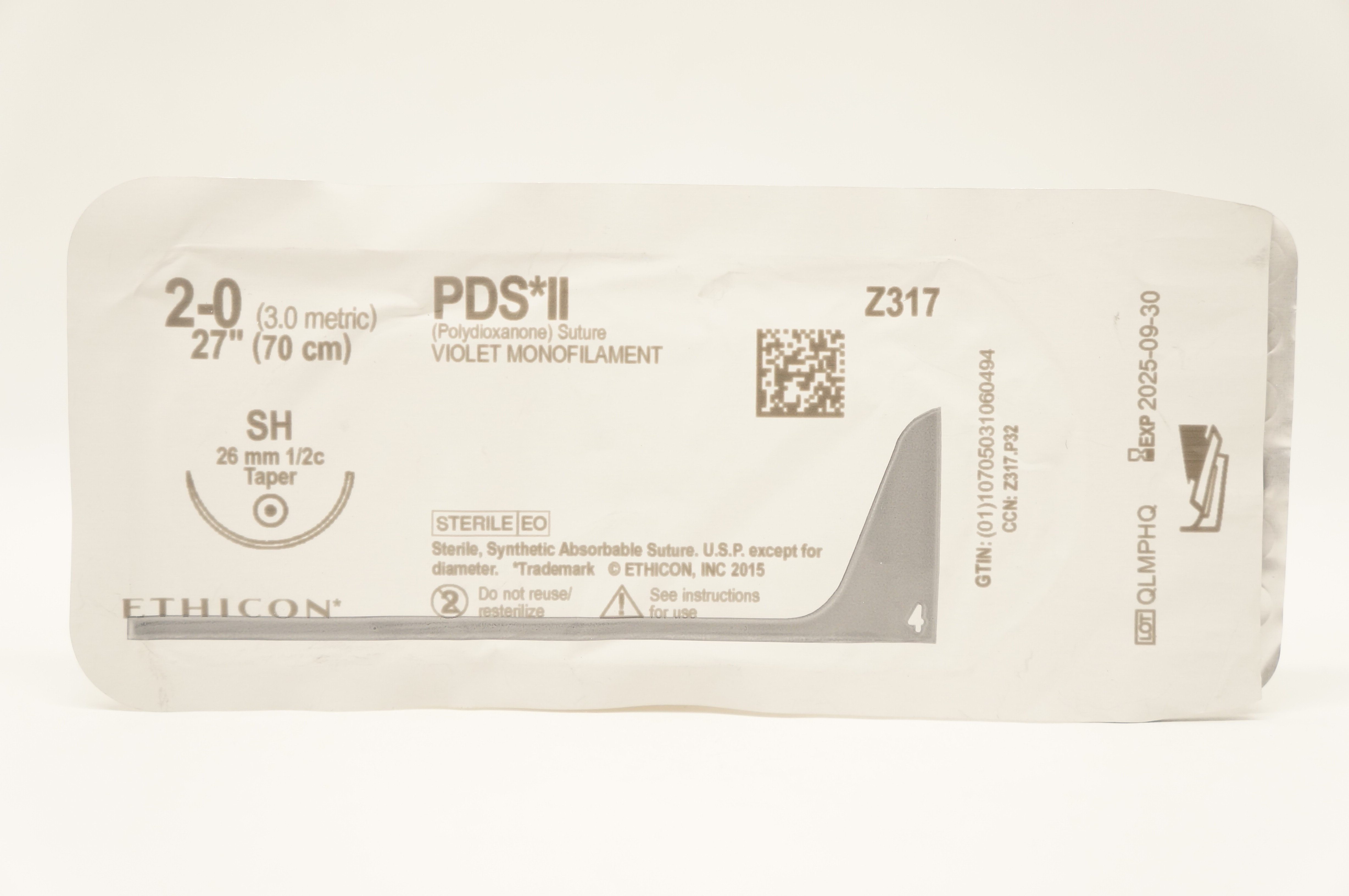 Ethicon Z317 2-0 PDS II Polydioxanone Sterile Stre SH 26mm 1/2c Taper 27inch