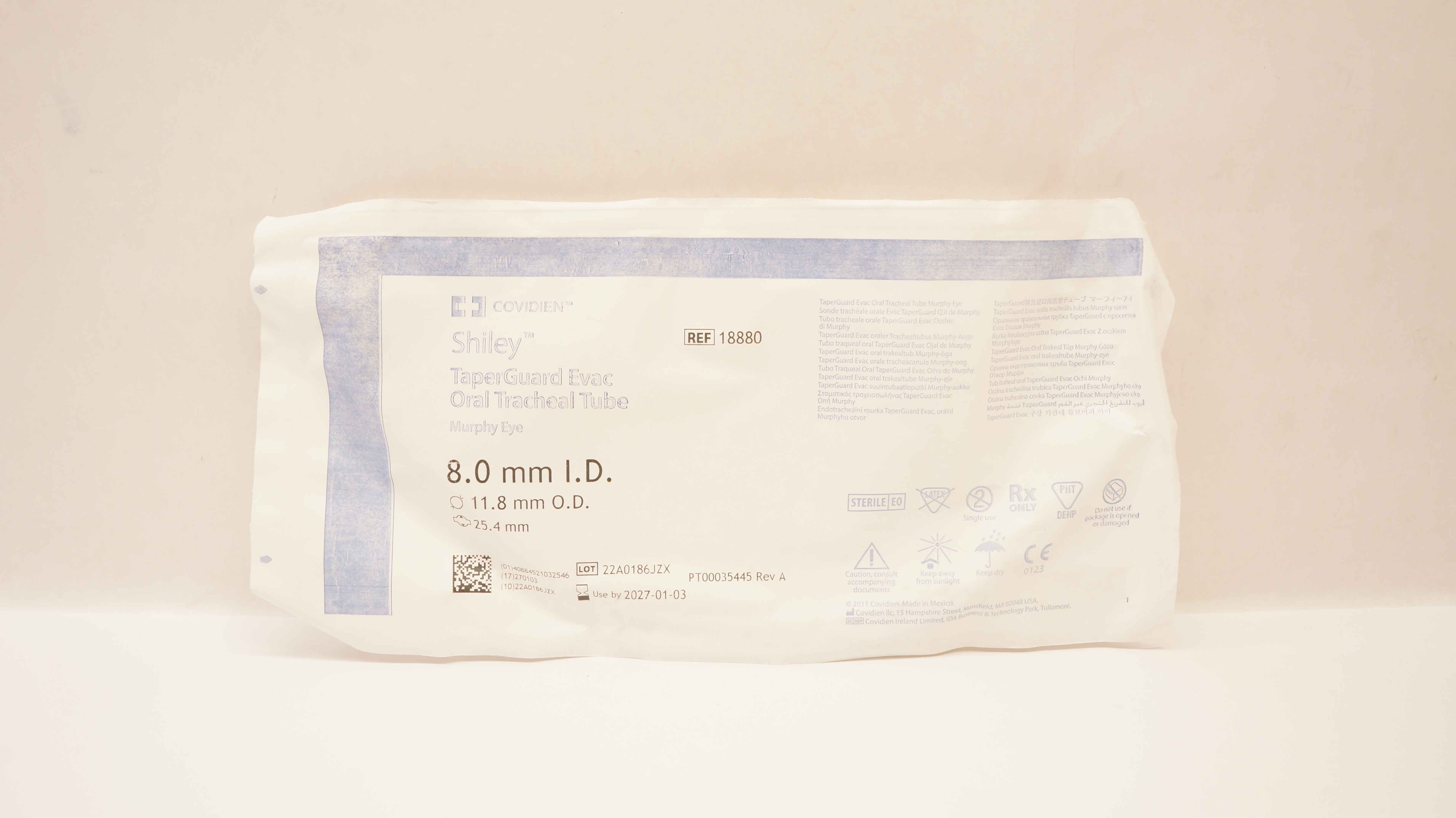 Covidien 18880 Shiley TaperGuard Evac Oral Tracheal Tube 8.0ID x 11.8OD x 25.4mm