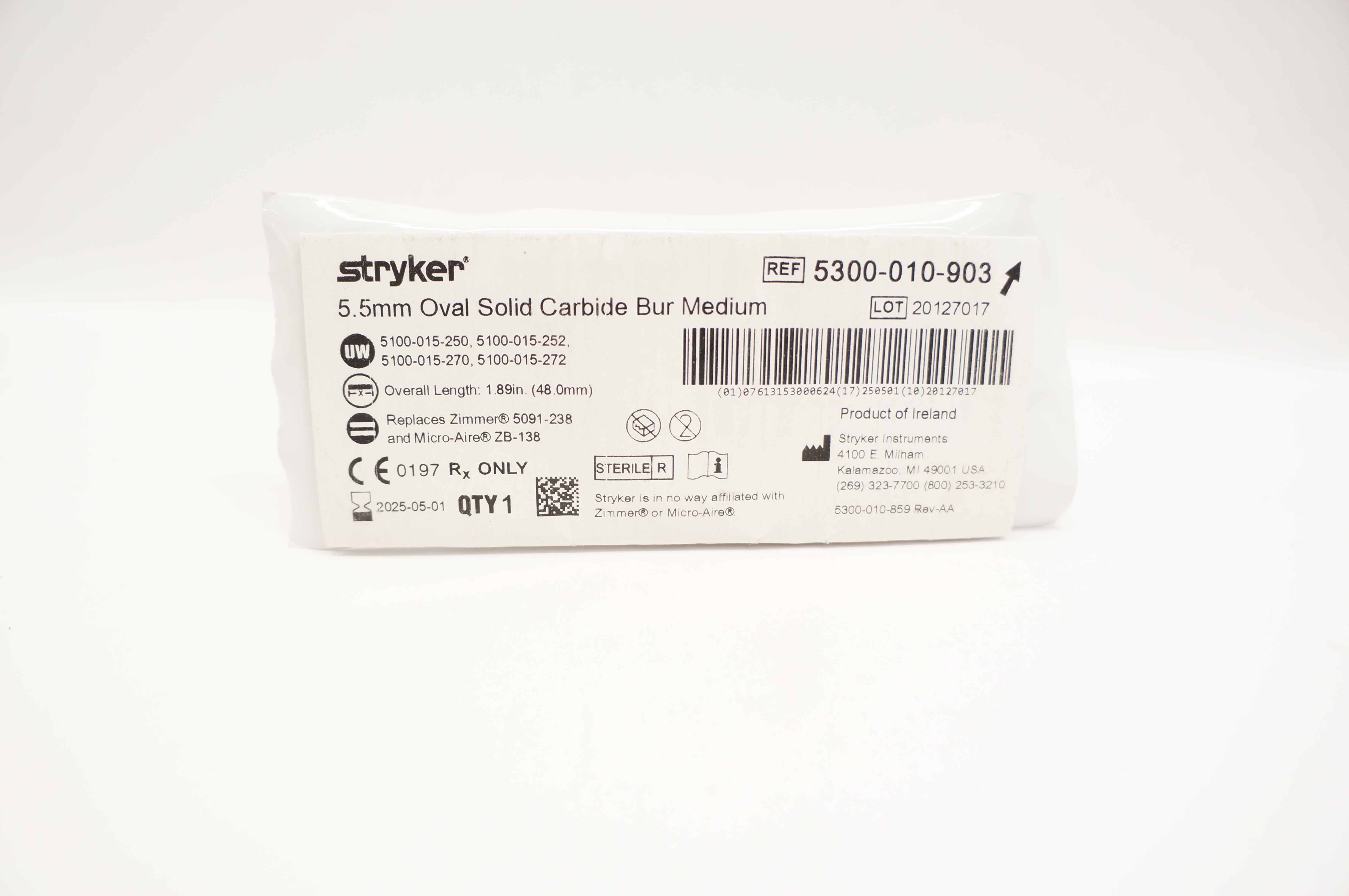 Stryker 5300-010-903 5.5mm Oval Solid Carbide Bur, Medium