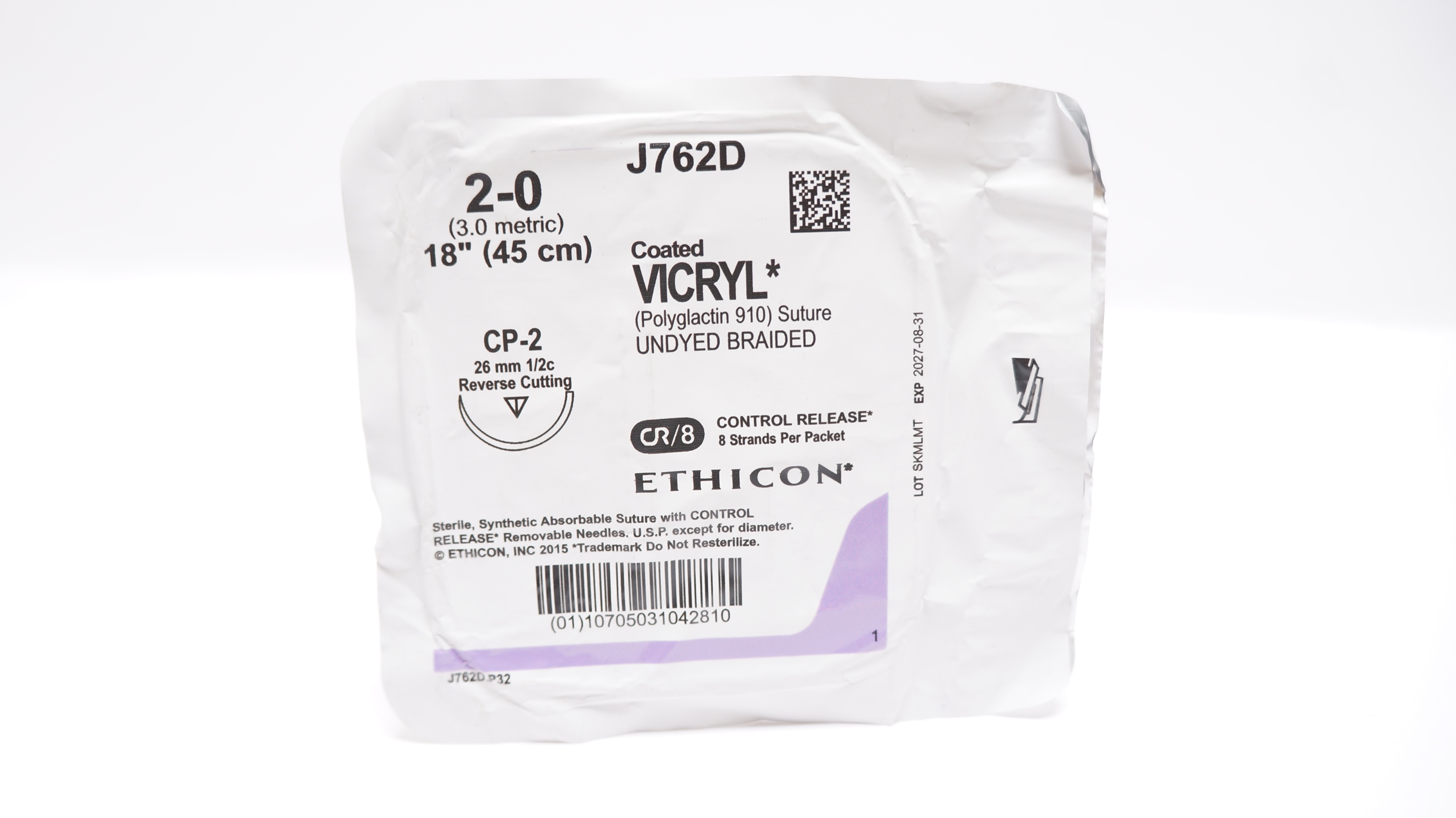 Ethicon J762D 2-0 Coated VICRYL, CP-2, 26mm 1/2c Reverse Cutting, 18inch