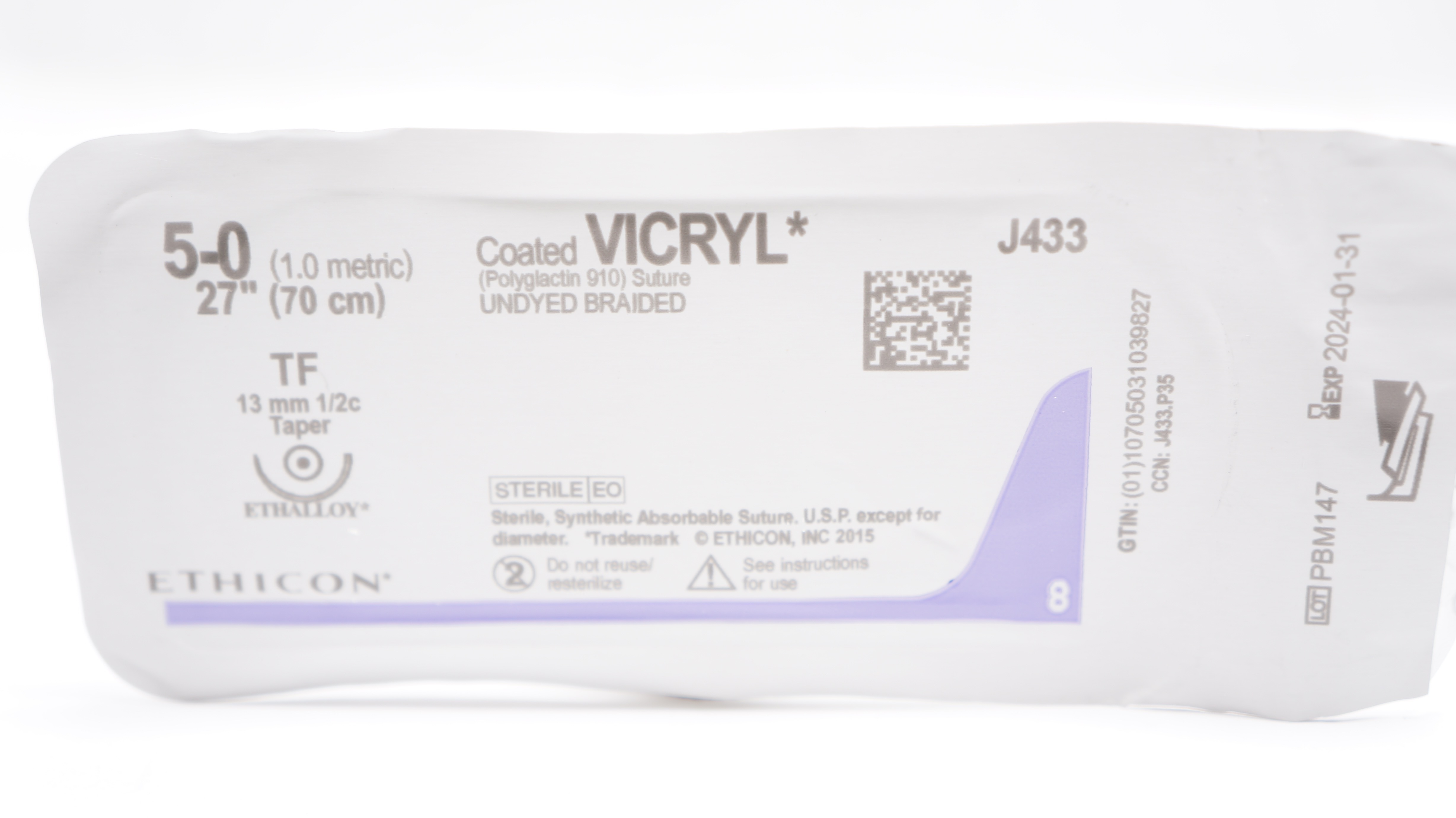 Ethicon J433 5-0 Coated VICRYL Polyglactin Stre TF 13mm 1/2c Taper, 27inch (x)