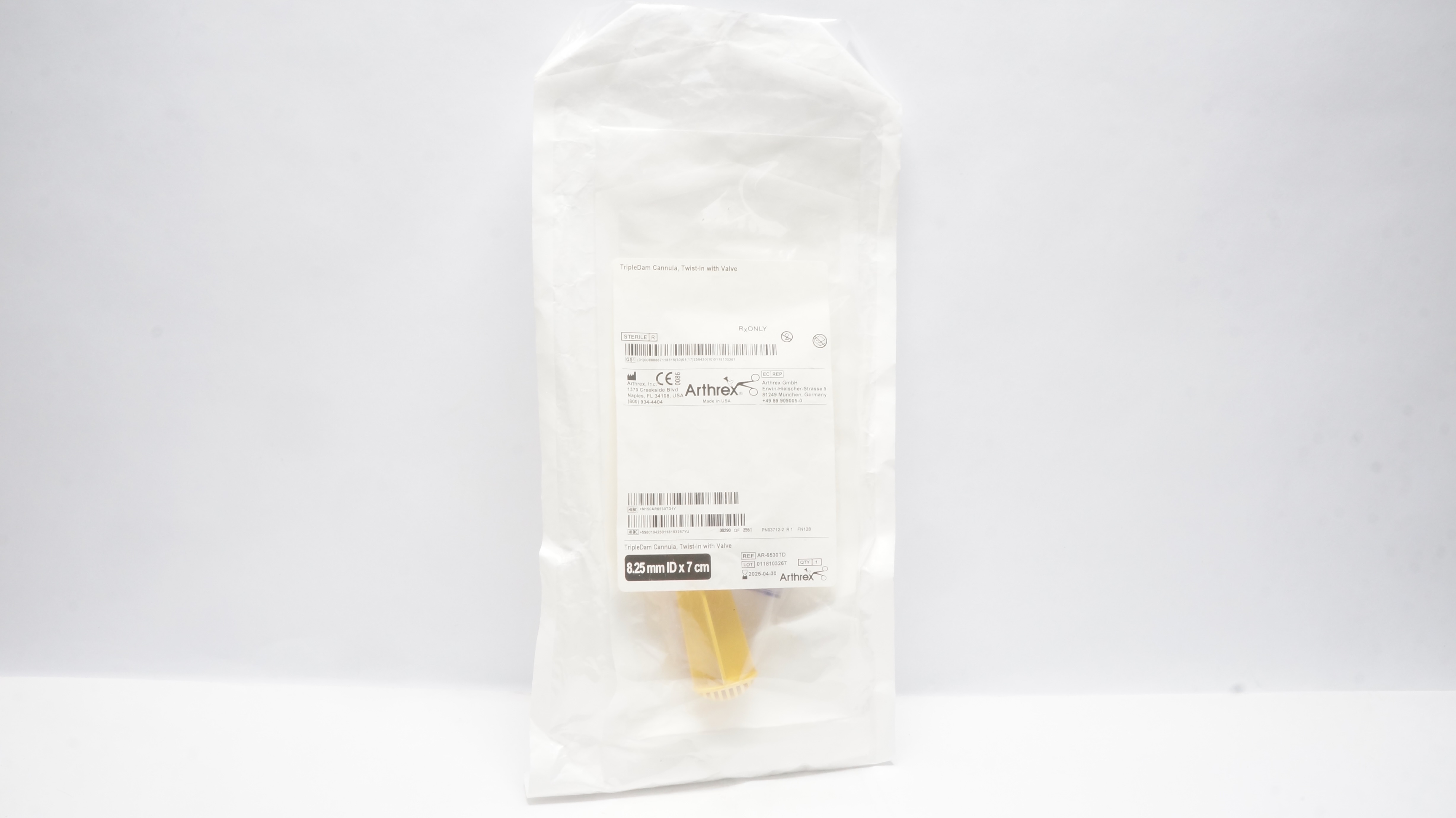 Arthrex AR-6530TD TripleDam Cannula, Twist-In W/Valve 8.25mm ID x 7cm