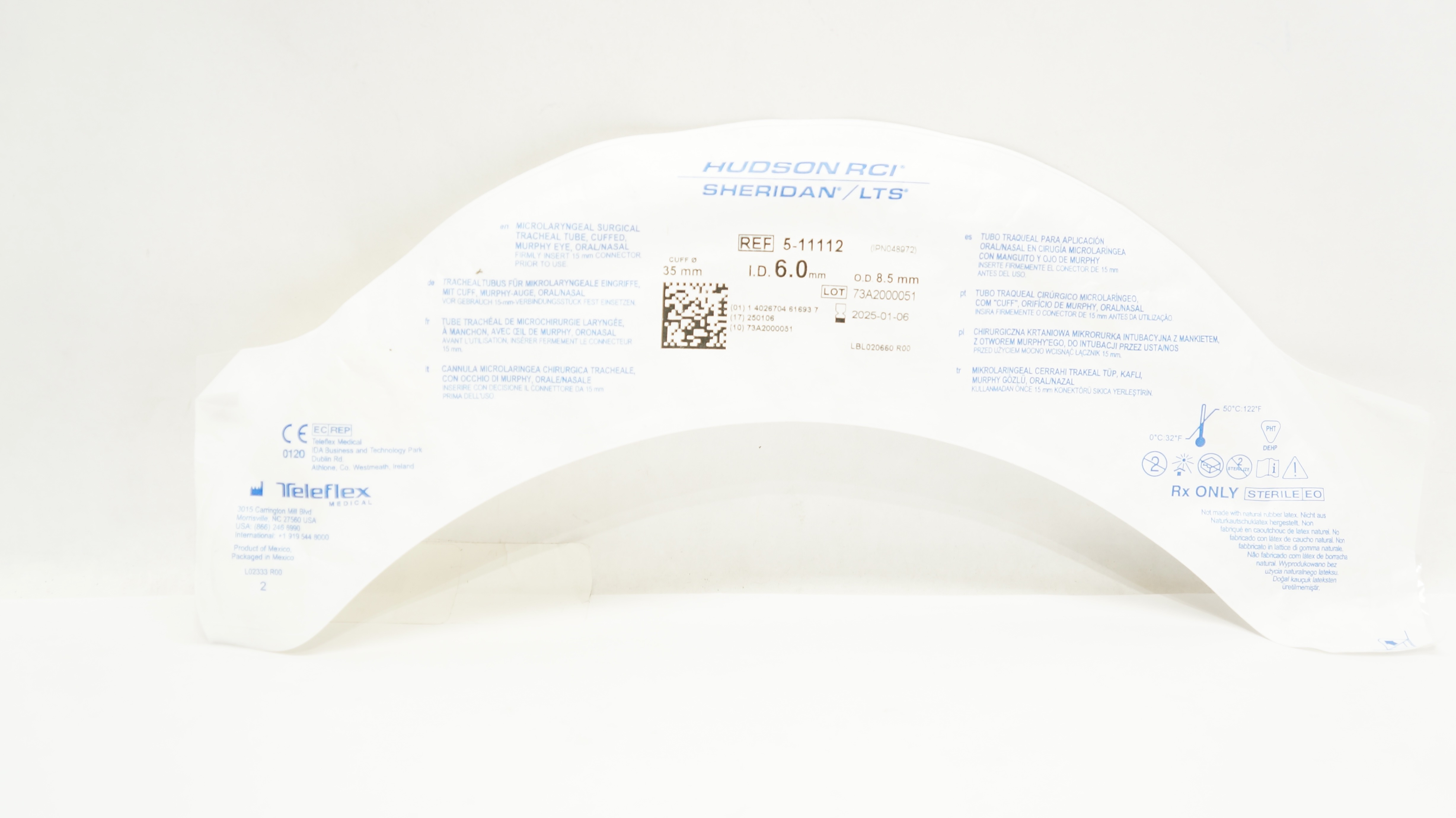 Teleflex 5-11112 Hudson RCI Sheridan Microlaryngeal Tracheal Tube 35x6.0x8.5mm