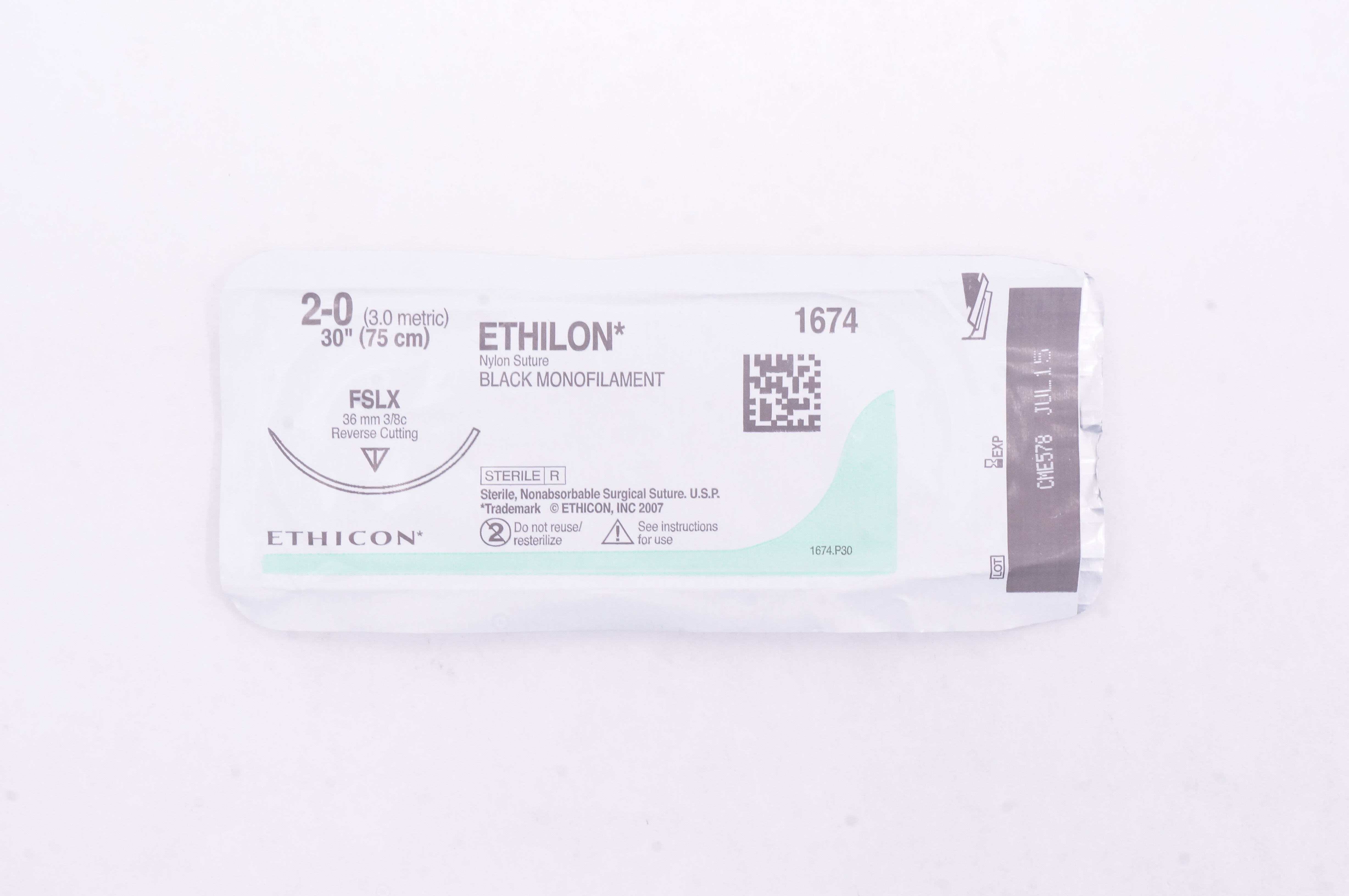 Ethicon 1674 2-0 ETHILON, FSLX, 36mm 3/8c Reverse Cutting, 30inch (x)