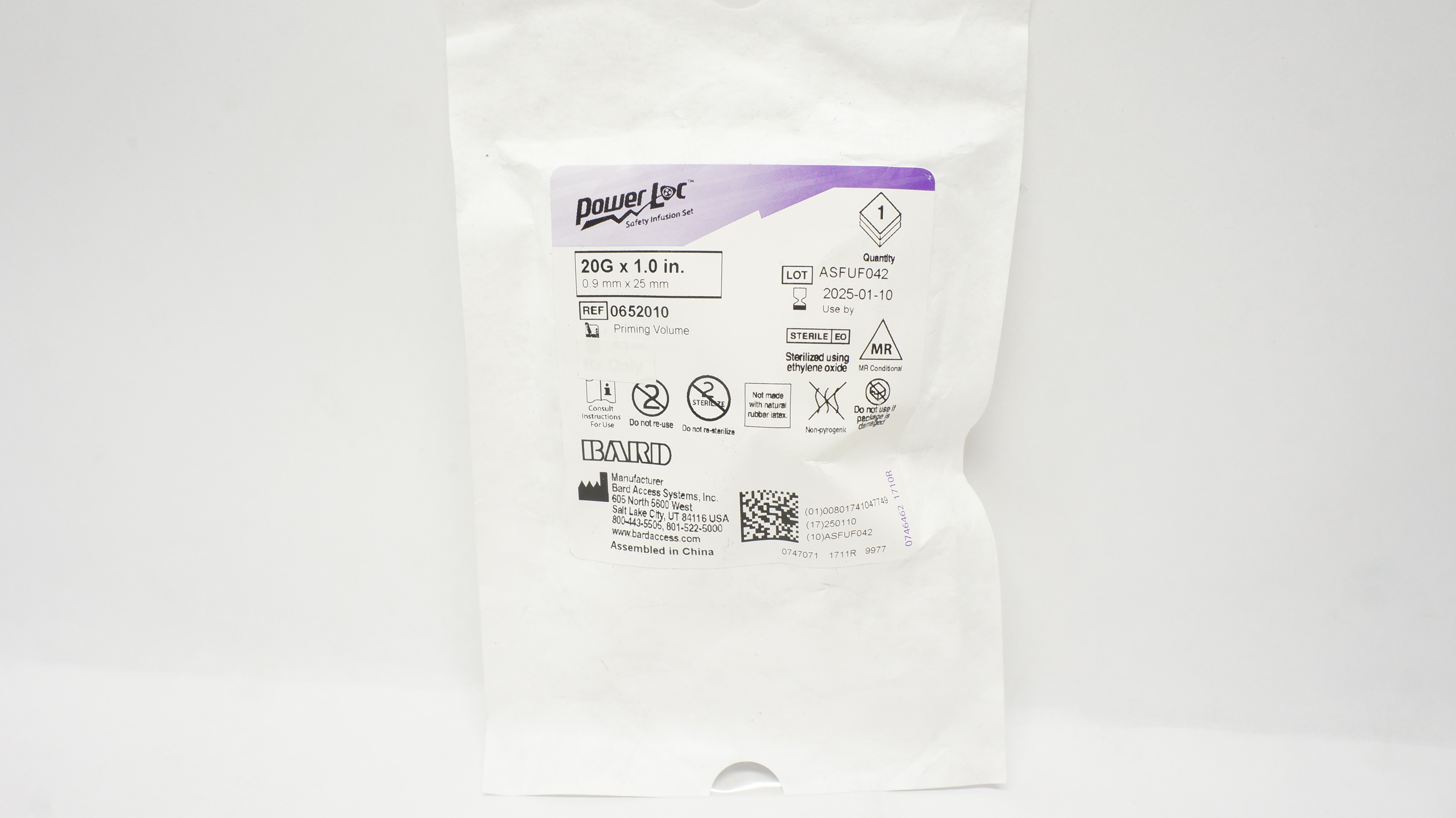 Bard 0652010 Power Loc Safety Infusion Set 20G x 1.0 inch, Priming Volume 0.3mL