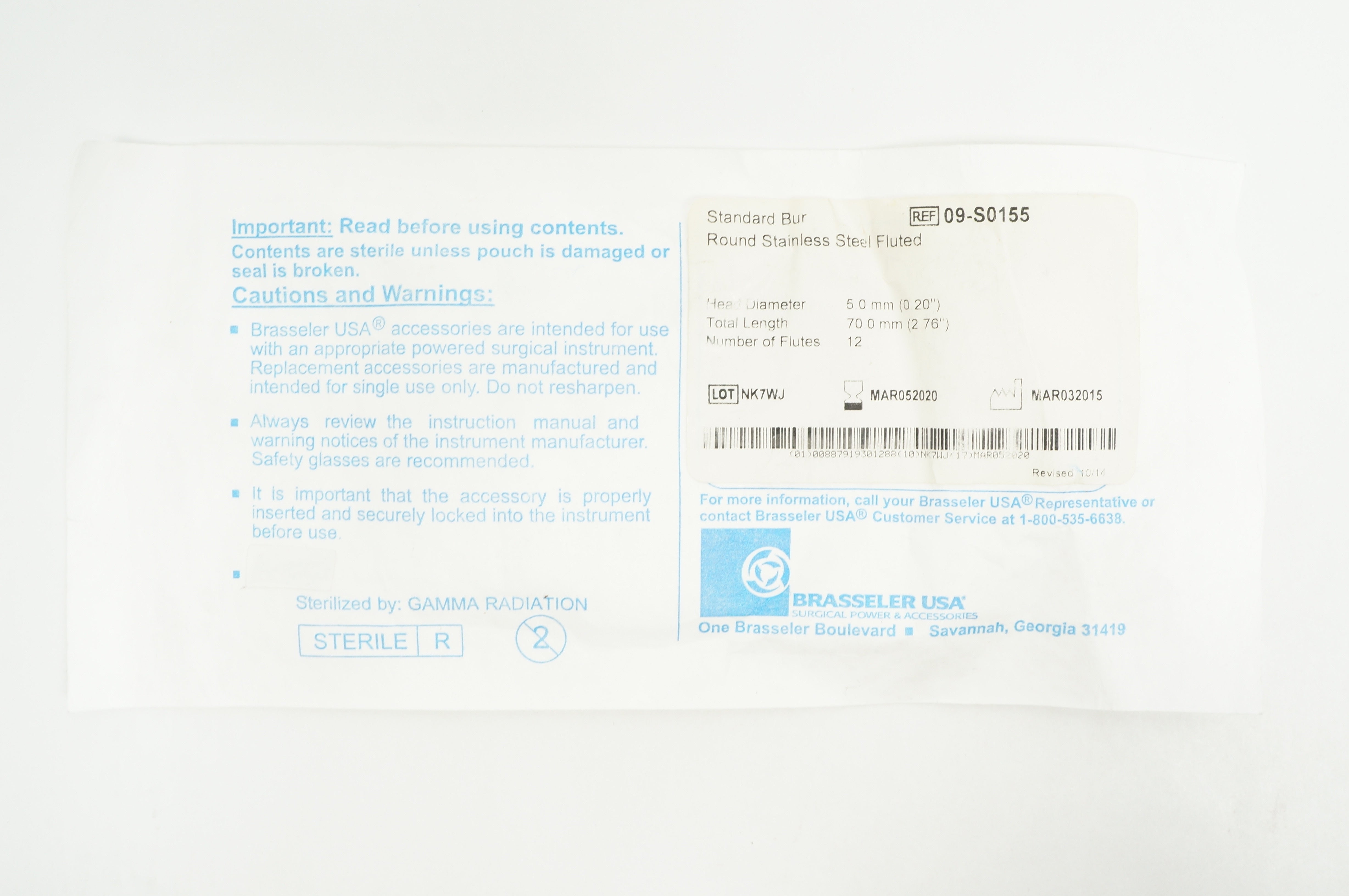 Brasseler 09-S0155 Standard Bur Round Stainless Steel Fluted 0.20inx2.76in (x)
