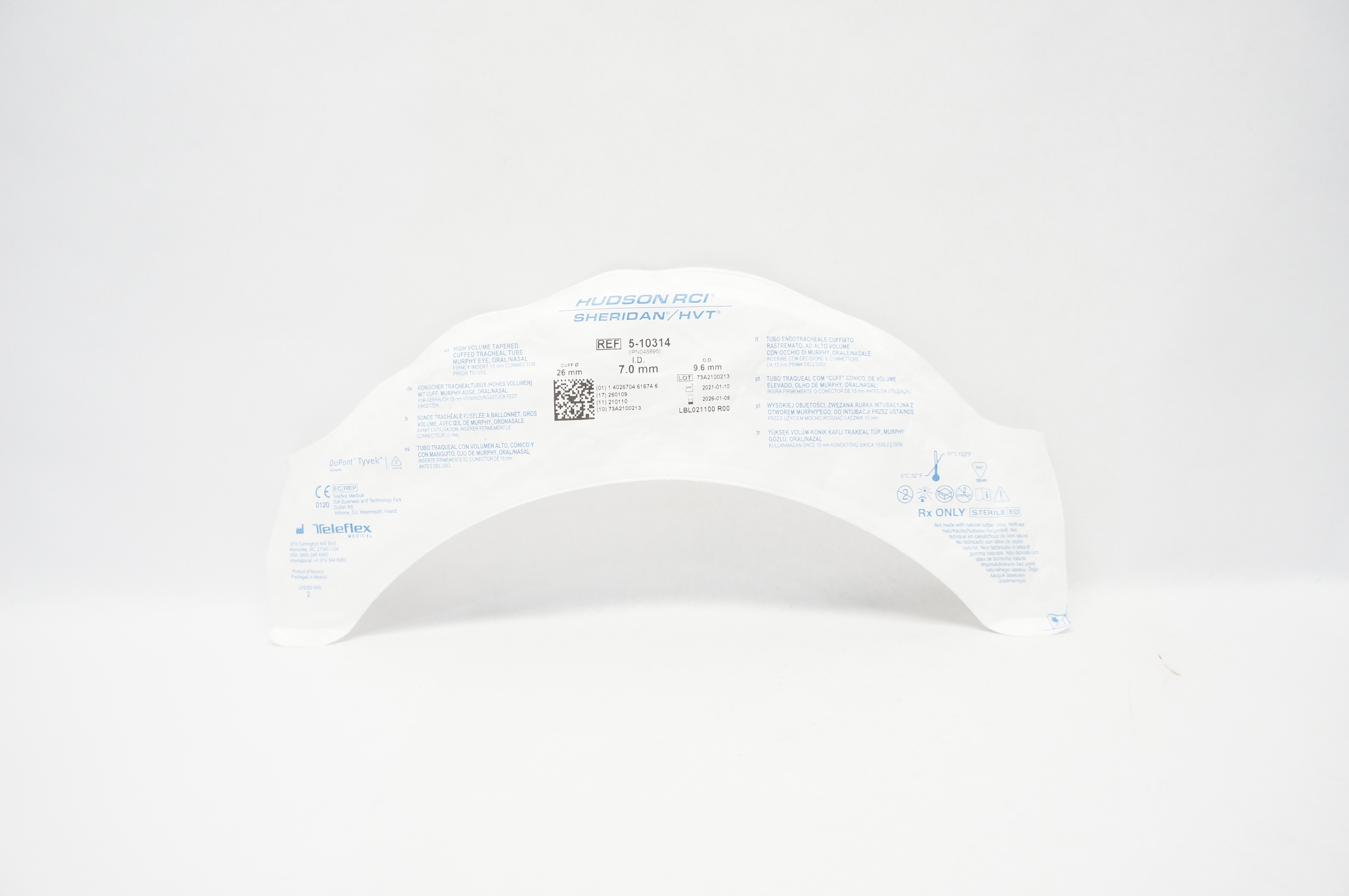 Teleflex 5-10314 Hudson RCI Sheridan HVT Cuffed Tracheal Tube 7.0 x 9.6 x 26mm