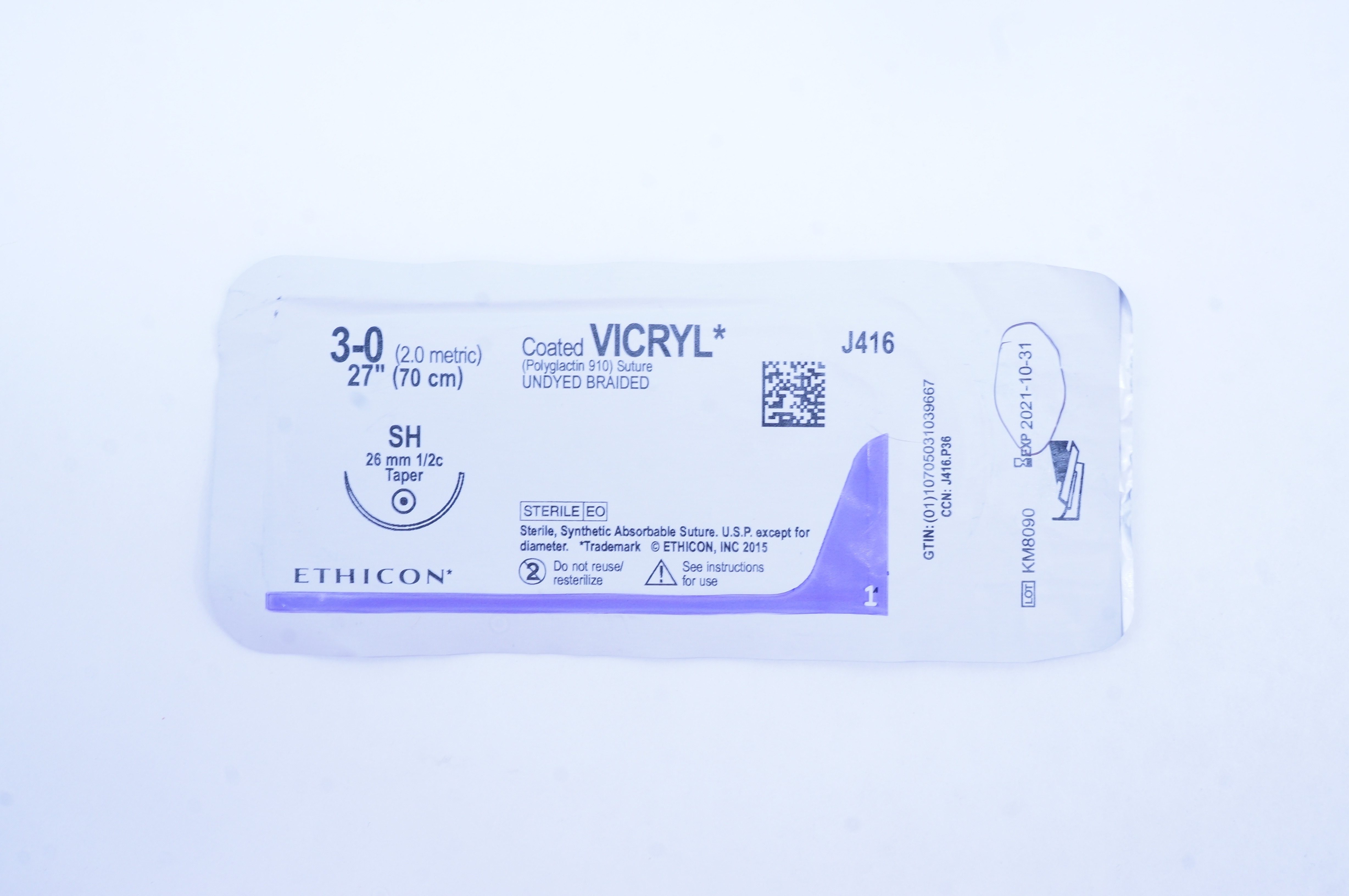 Ethicon J416 3-0 Coated VICRYL Stre, SH 26mm 1/2c Taper, 27inch