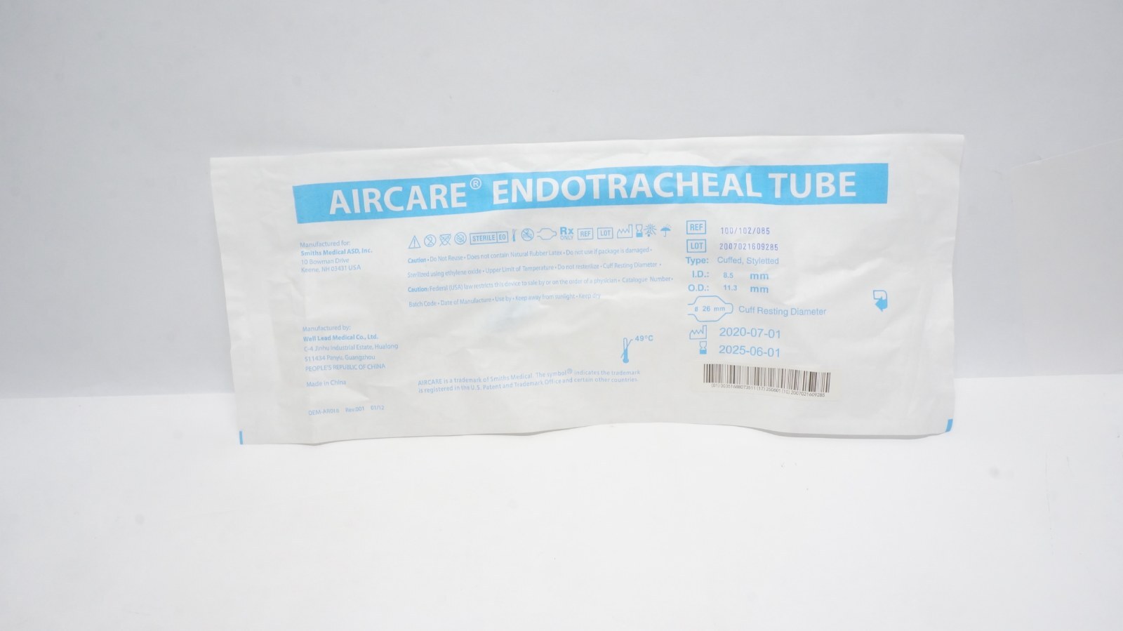Smiths Medical 100/102/085 AIRCARE Endotracheal Tube 8.5 mm Cuffed