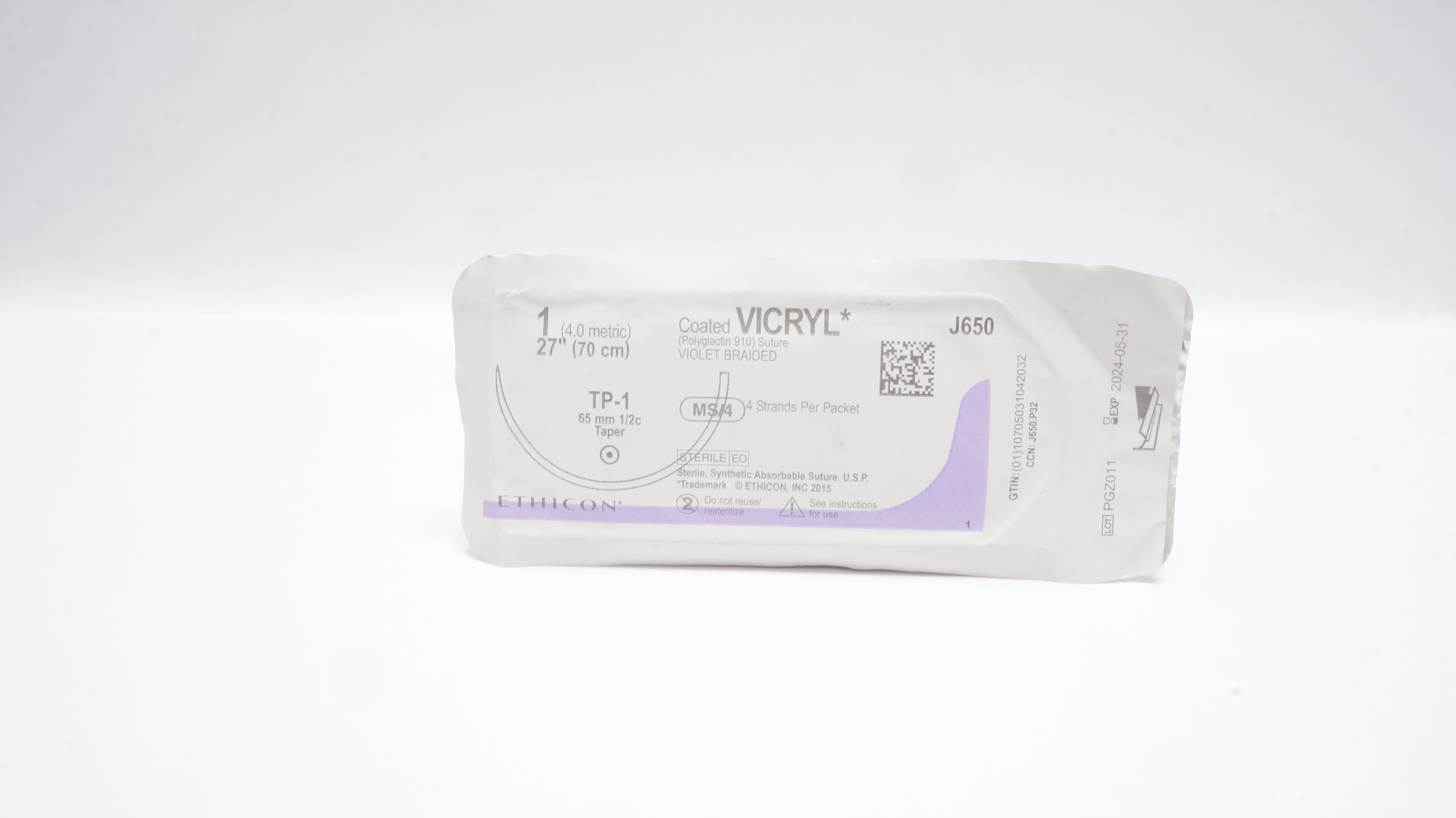 Ethicon J650 1 Coated VICRYL Violet Braided Stre TP-1 65mm 1/2c Taper, 27inch(x)