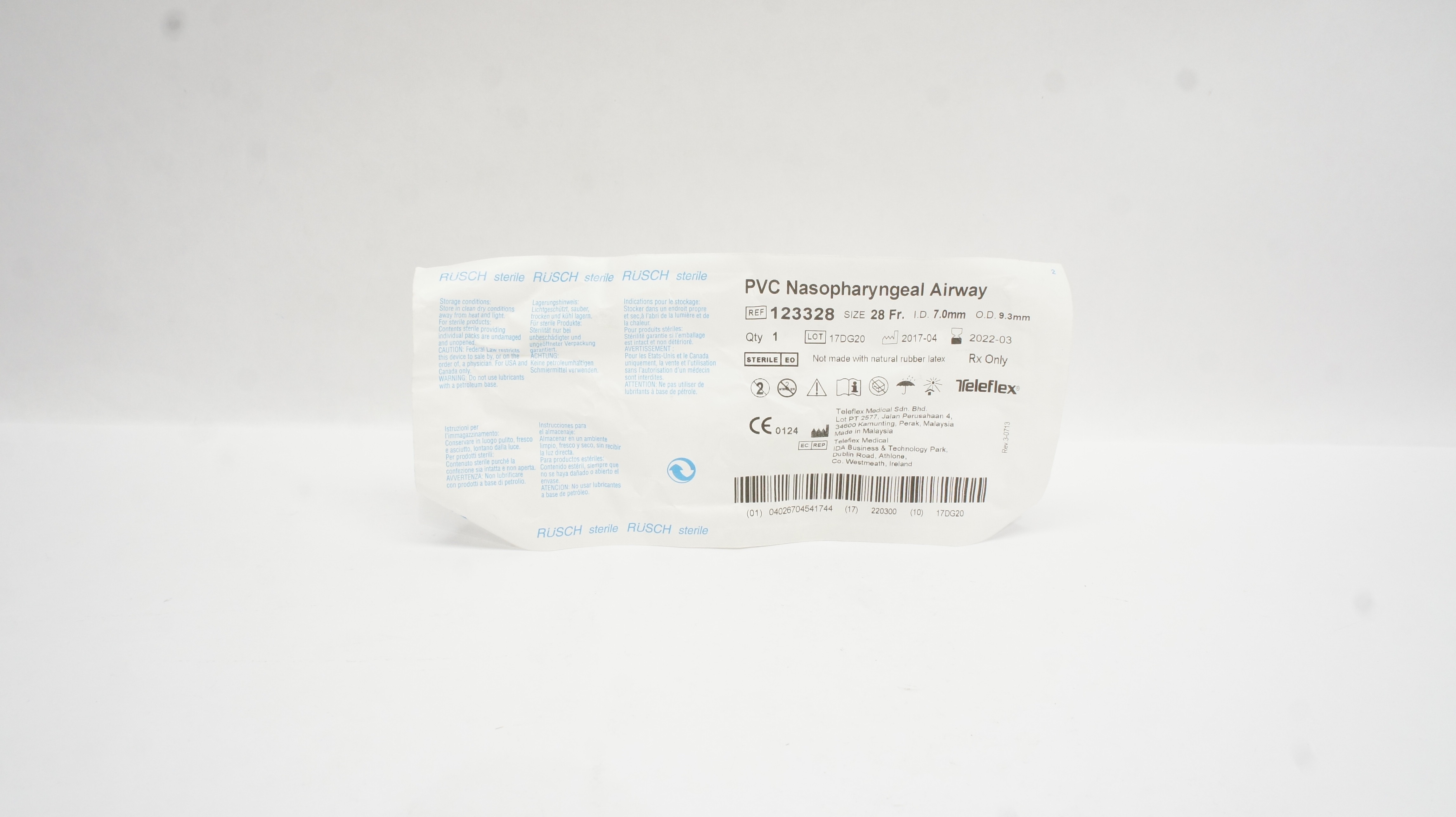 Teleflex 123328 Rusch PVC Nasopharyngeal Airway 28Fr x ID 7.0mm OD 9.3mm (x)
