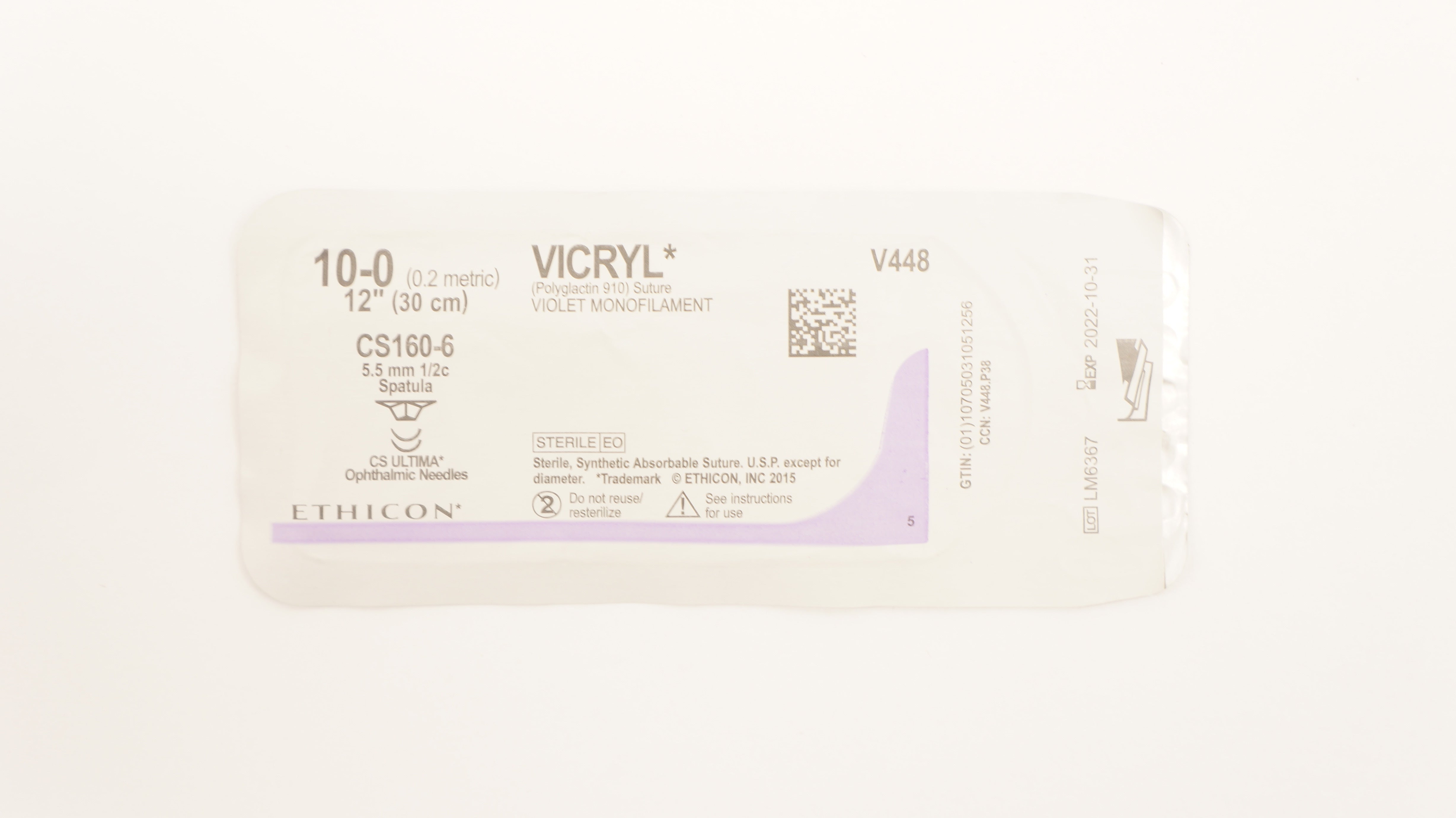 Ethicon V448 10-0 Vicryl (Polyglactin910) Stre CS160-6 5.5mm 1/2c Spatula 12inch