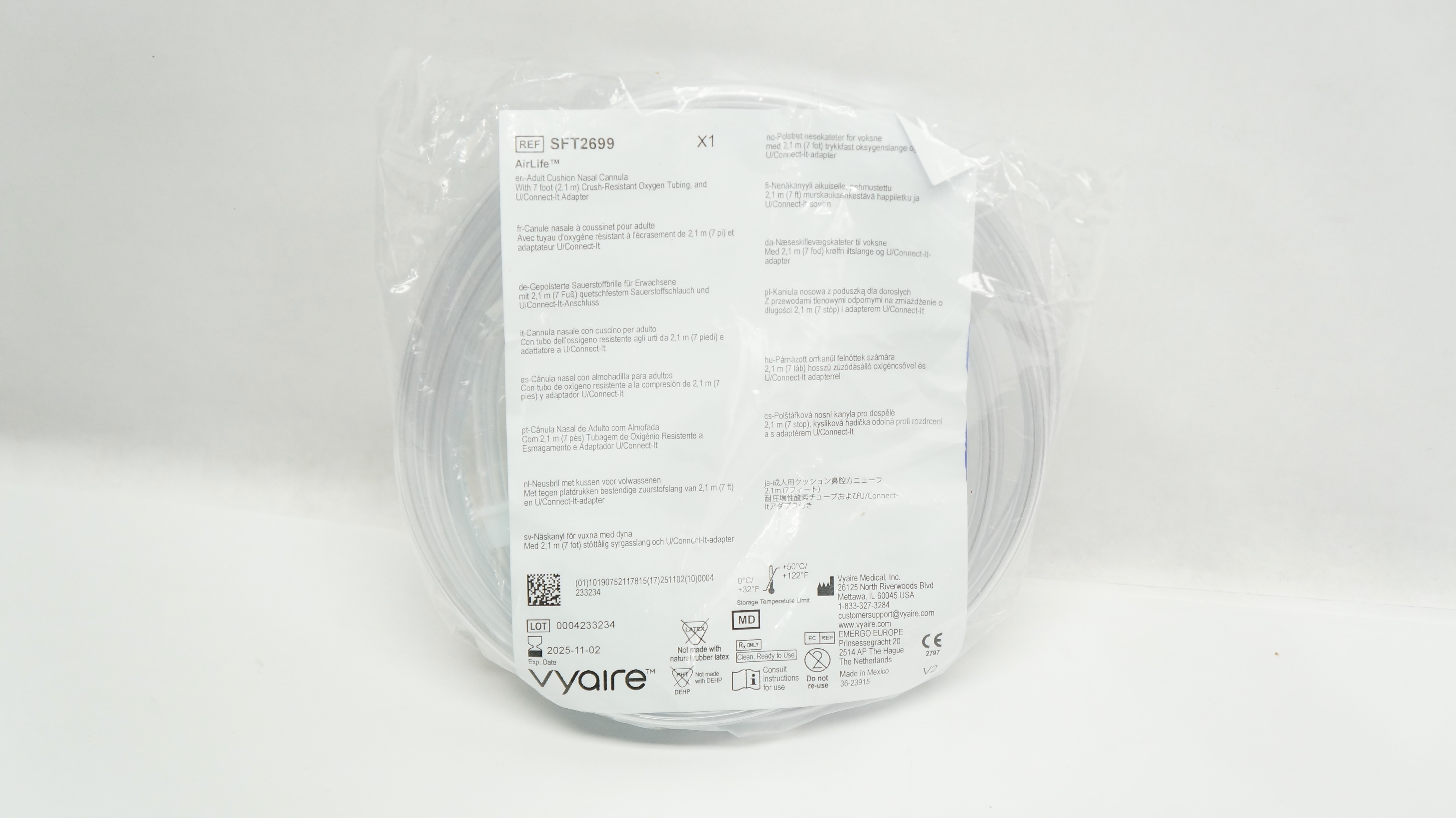 Vyaire SFT2699 AirLife Adult Cushion Nasal Cannula with Tubing 7ft.
