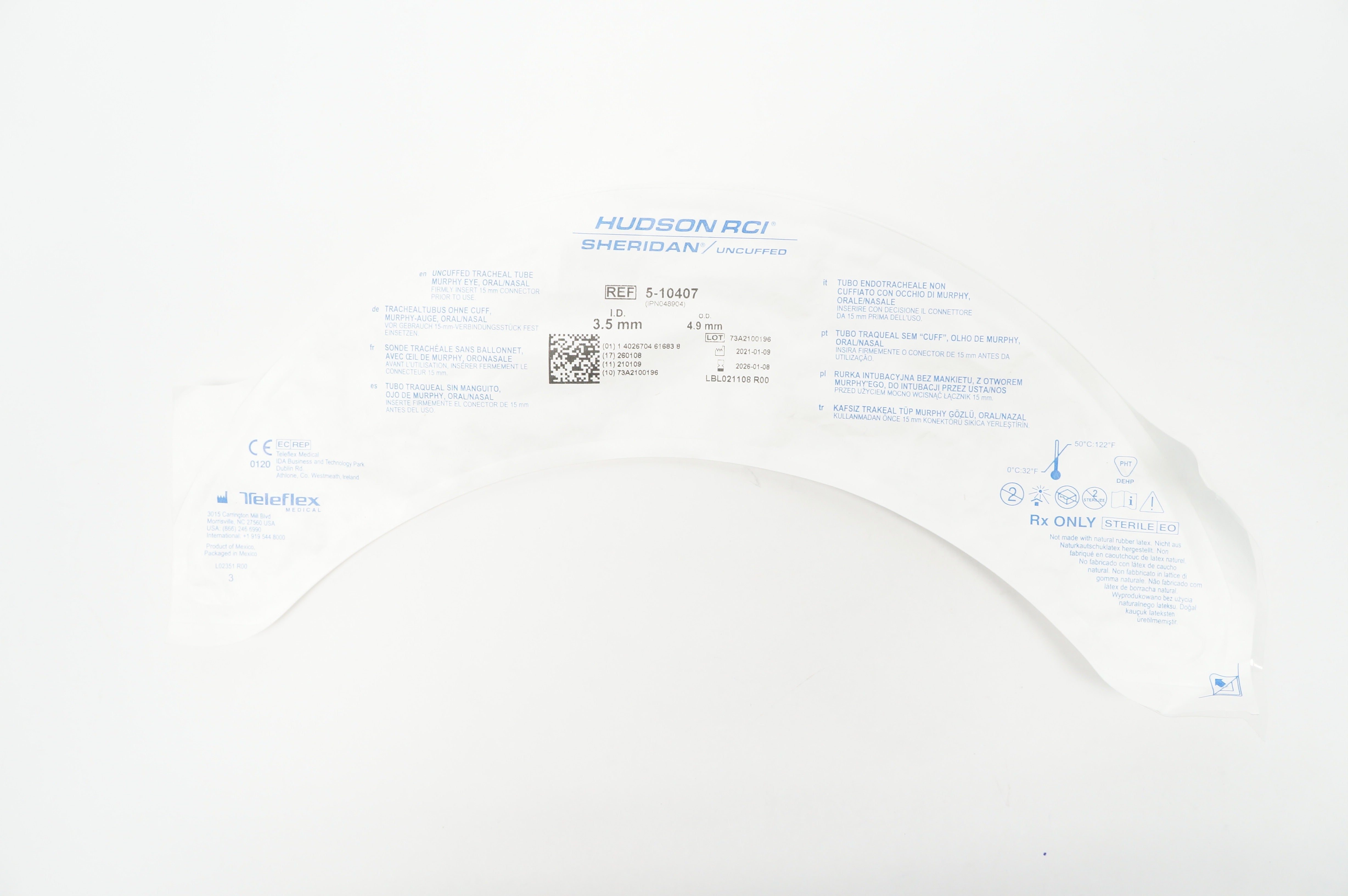 Teleflex 5-10407 Hudson RCI Sheridan Tracheal Tube Uncuffed 3.5mm ID x 4.9mm OD