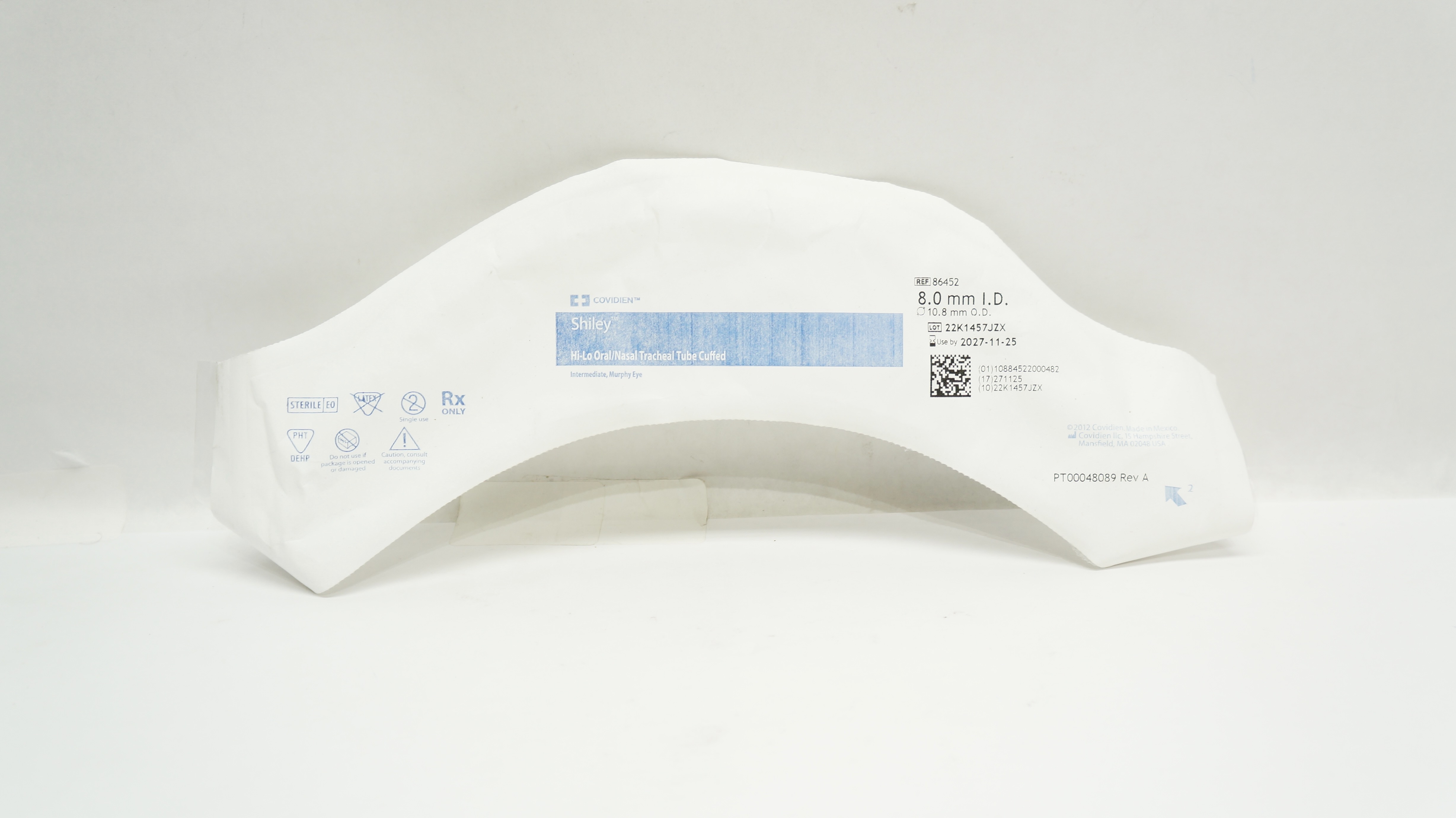 Covidien 86452 Shiley Hi-Lo Oral/Nasal Tracheal Tube Cuffed 8.0mm ID x 10.8mm OD
