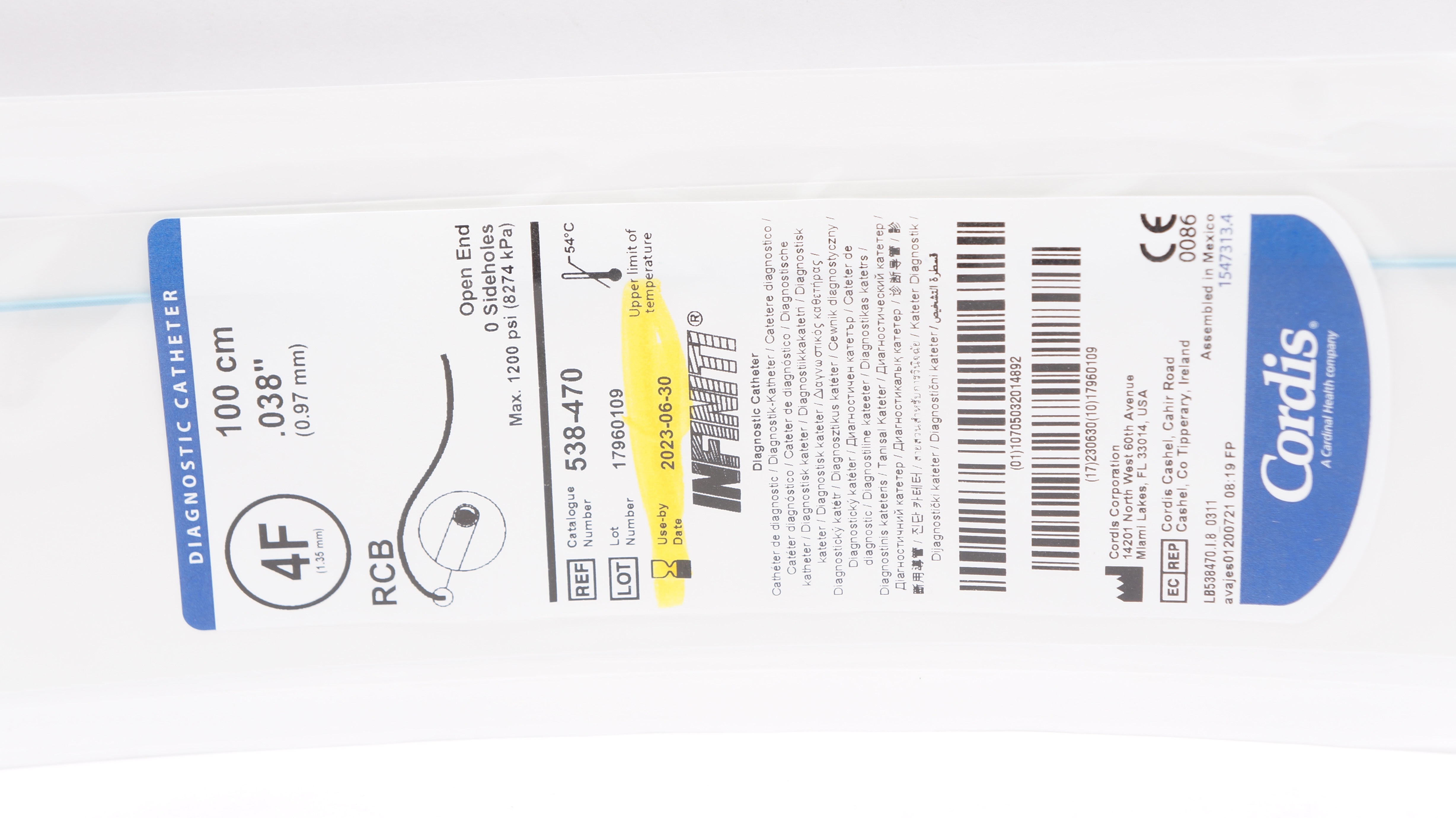 Cordis 538-470 Infiniti Diagnostic Cath. RCB 4F x 100cm x .038inch (x)