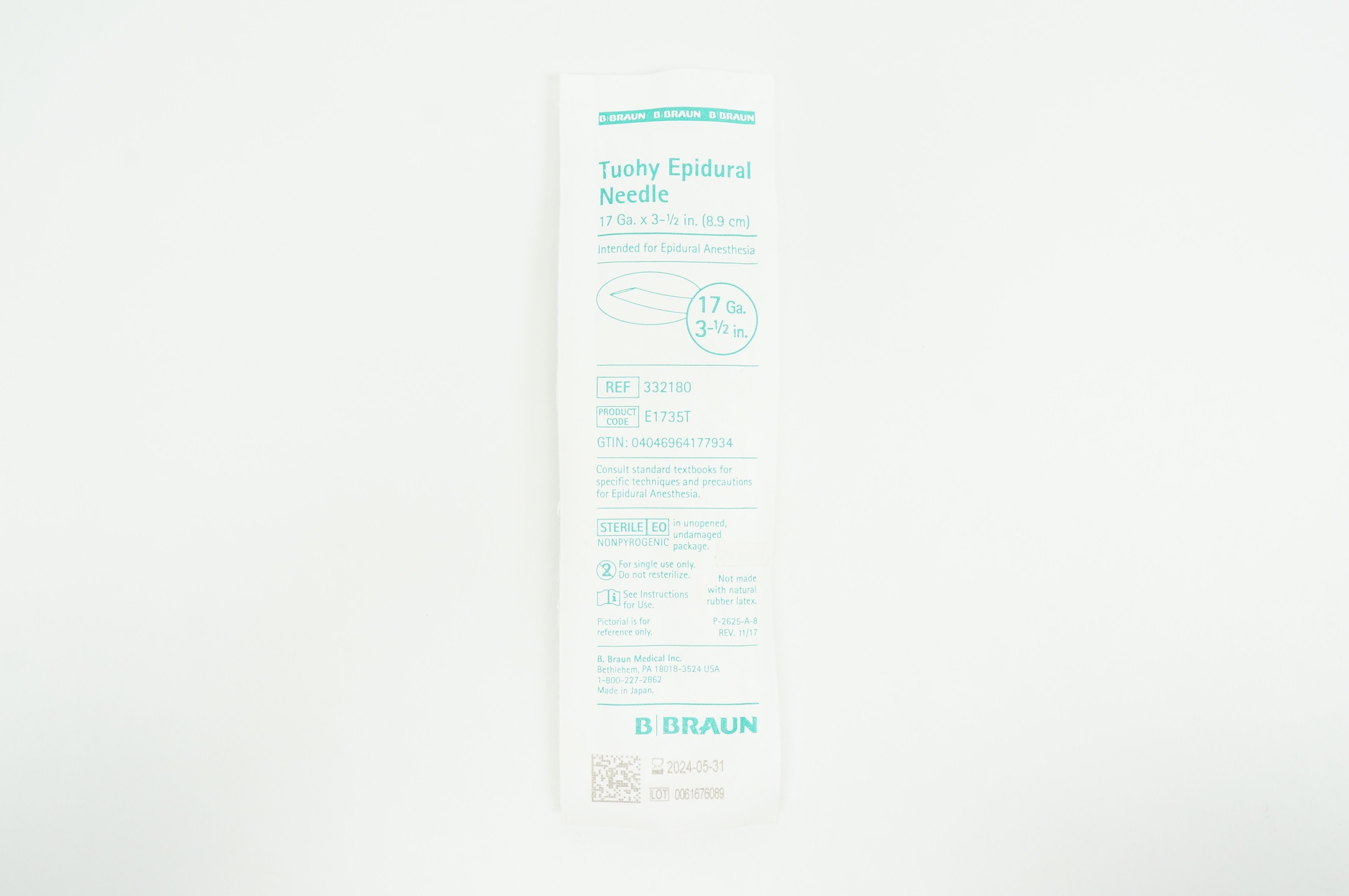 B.Braun 332180 Tuohy Epidural Ndle, 17G x 3-1/2inch