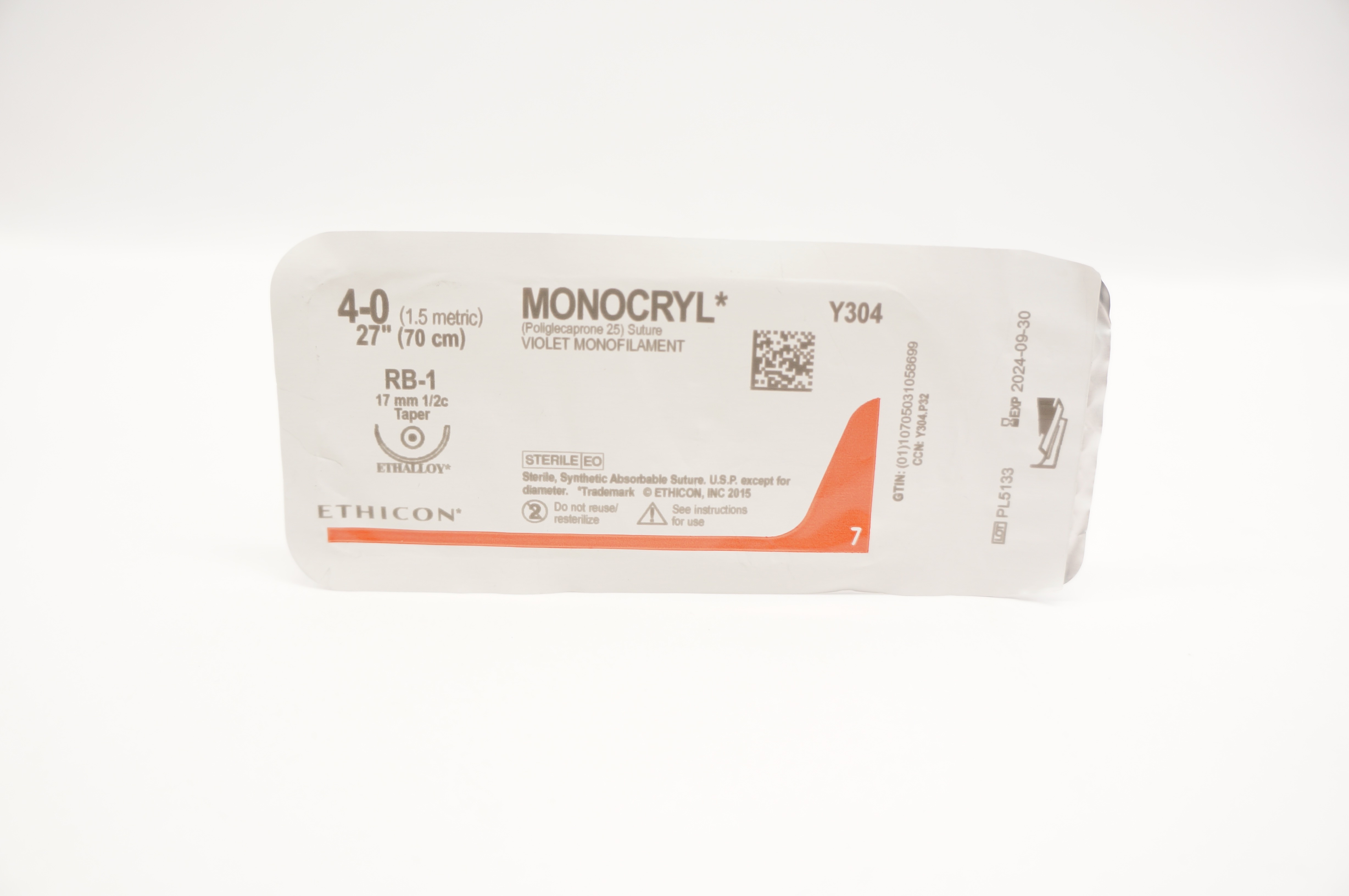Ethicon Y304 4-0 Monocryl Poliglecaprone 25 Stre RB-1 17mm 1/2c Taper, 27inch