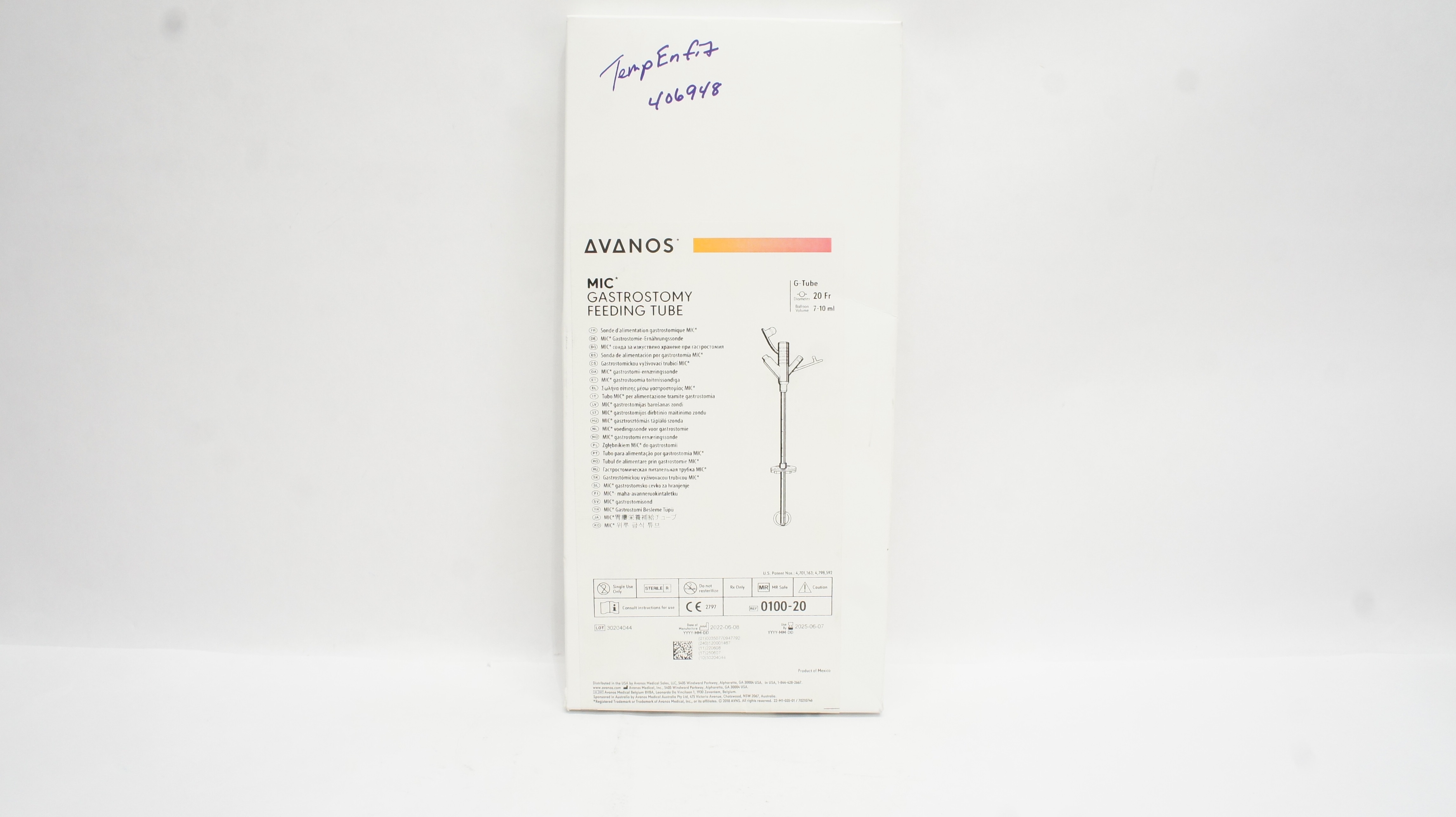 Avanos 0100-20 MIC Gastrostomy Feeding Tube 20Fr. 7-10ml