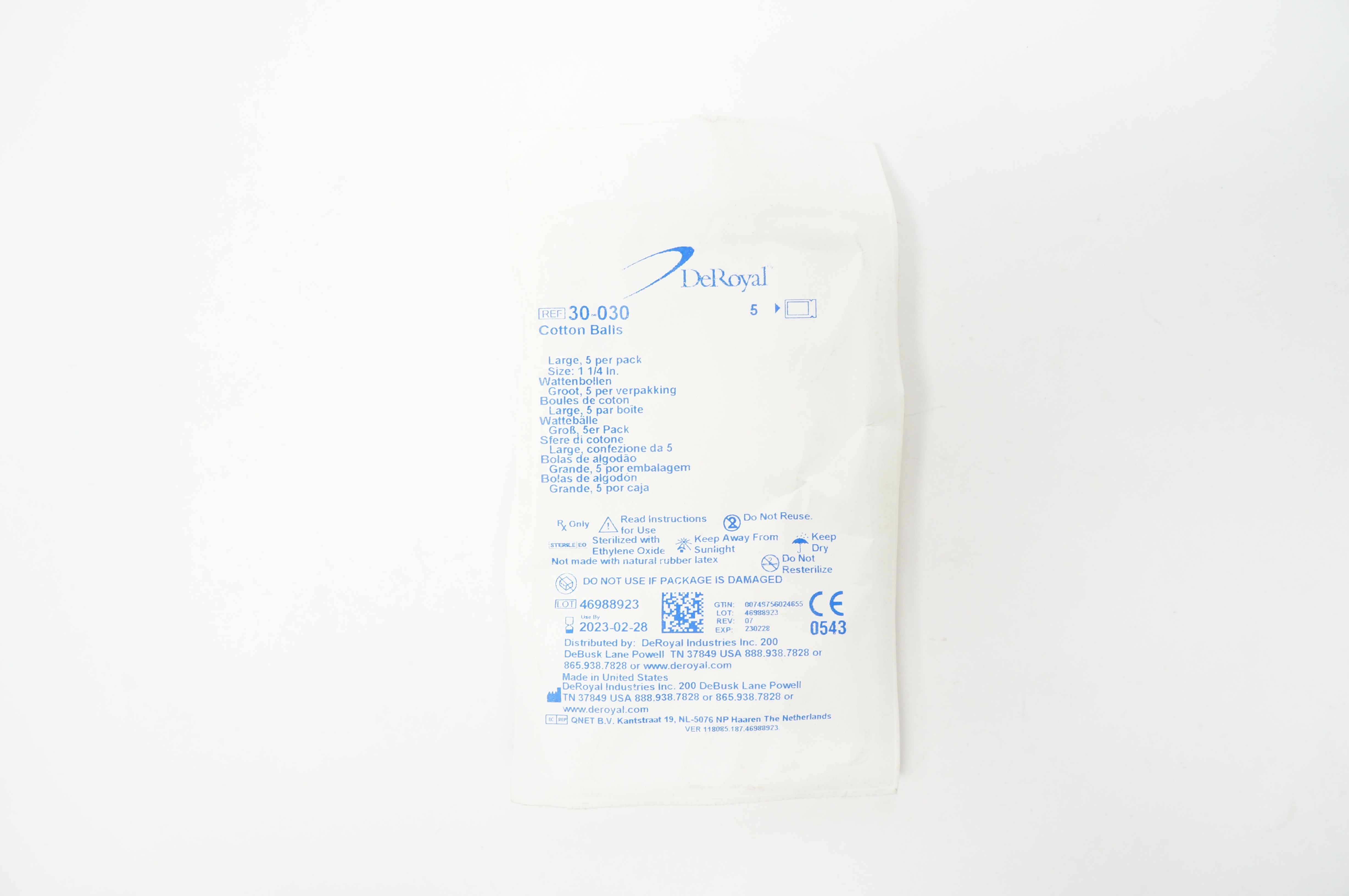 DeRoyal 30-030 Cotton Balls Large Size 1-1/4inch - Pack of 5