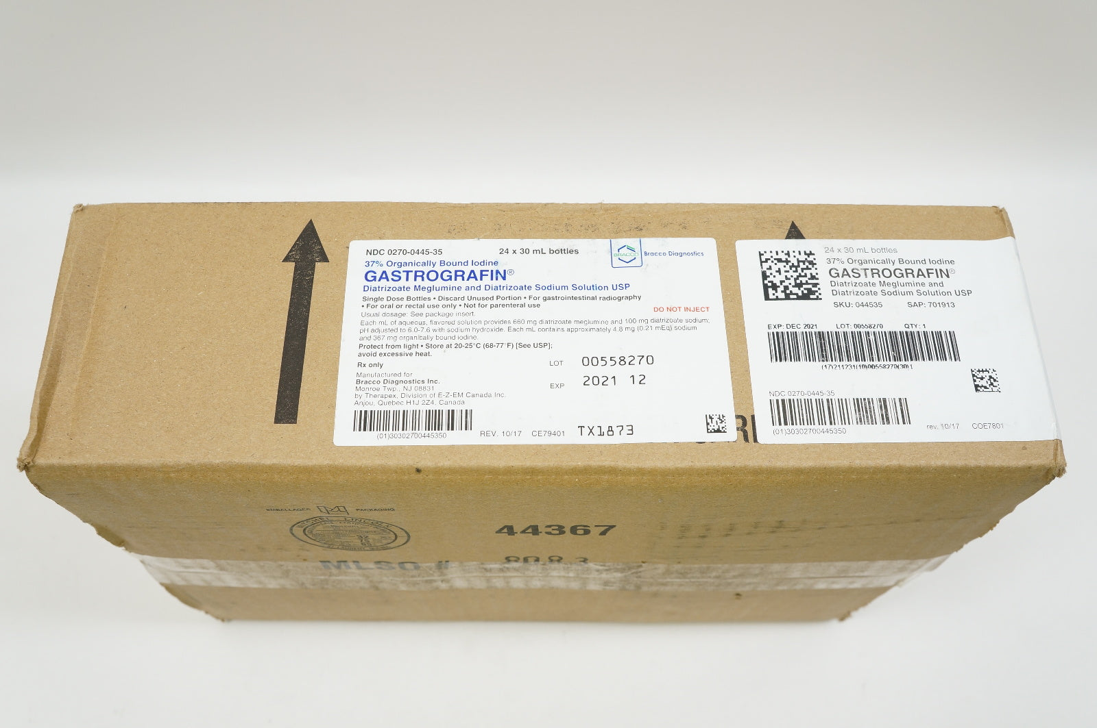 Bracco Diagnostics 0270-0445-35 GASTOGRAFIN Diatrizoate Meglumine 37% -Box of 24