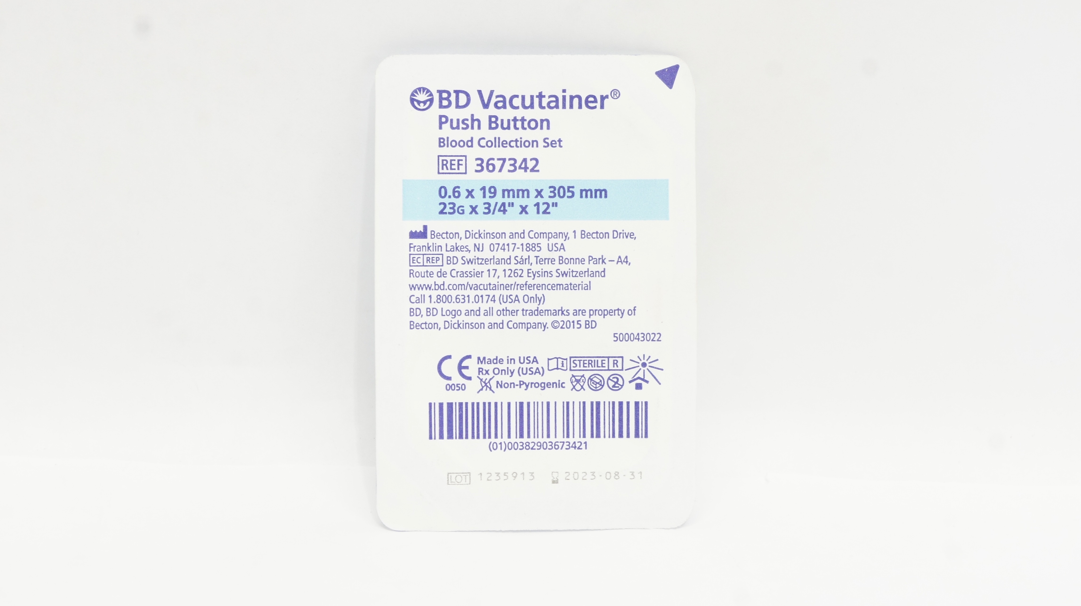 BD 367342 Vacutainer Push Button Blood Collection Set 23G x 3/4inch x 12inch (x)