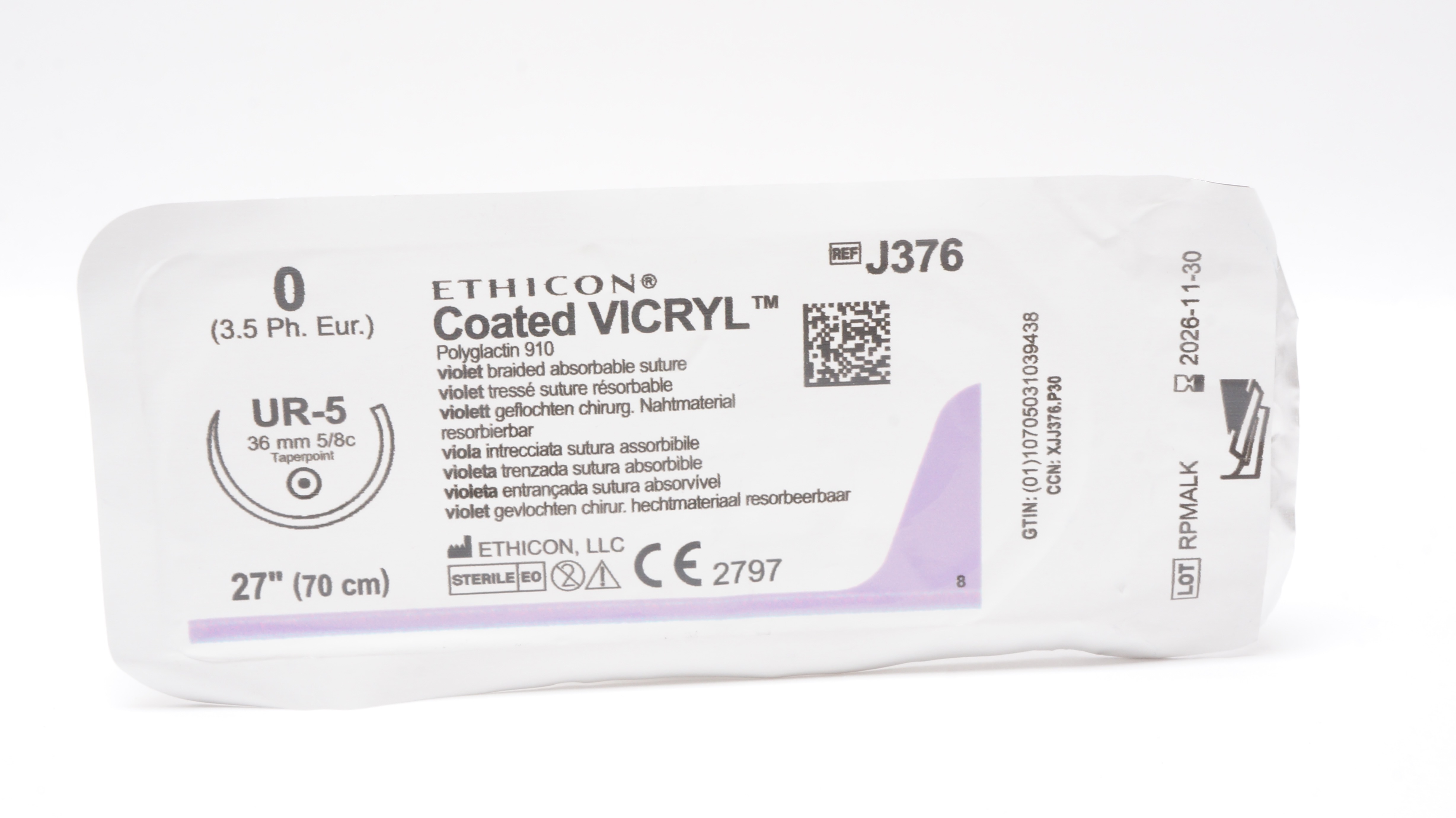 Ethicon J376 0 Coated VICRYL Braided Stre UR-5, 36mm 5/8c Taperpoint, 27inch