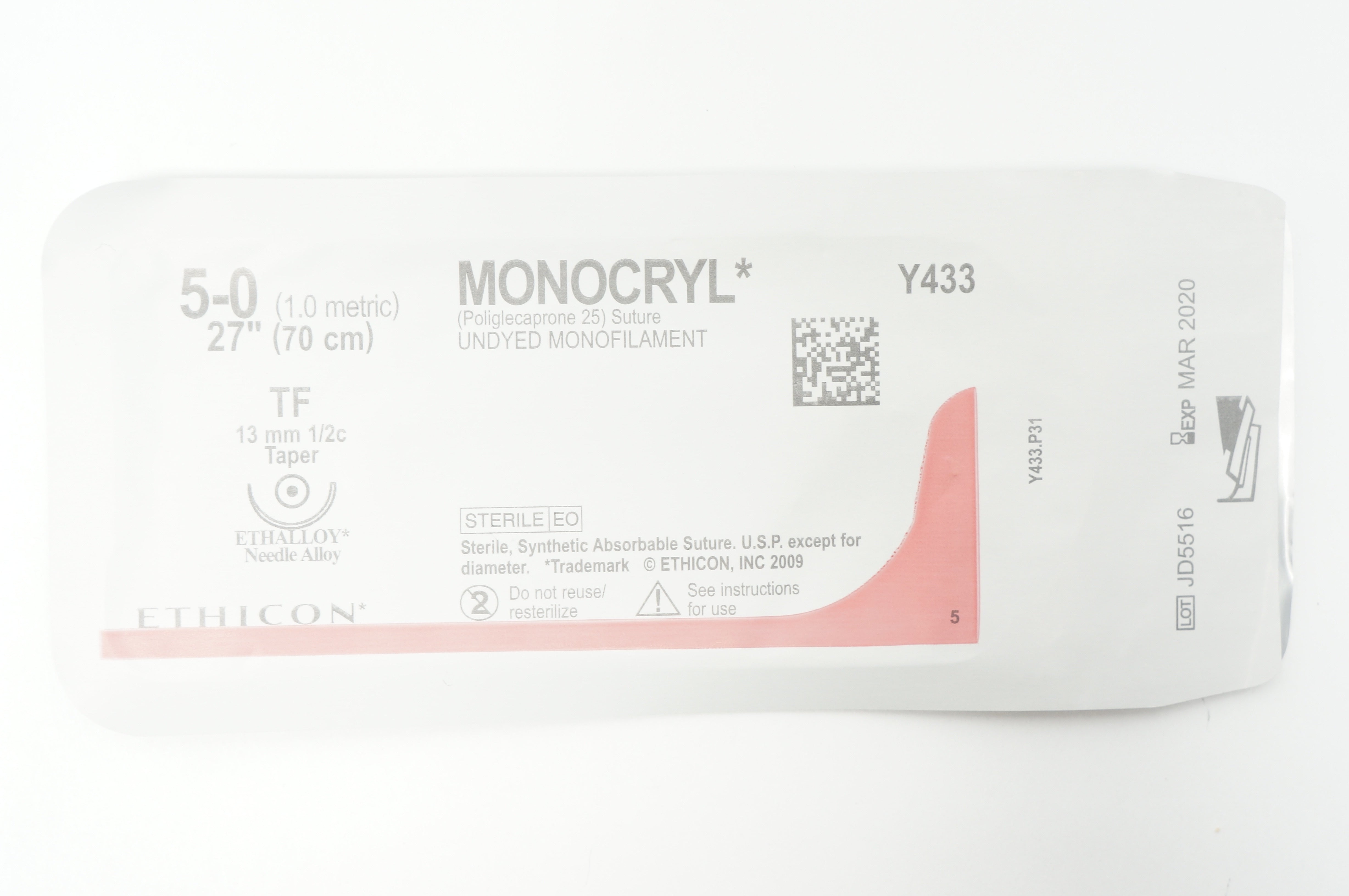 Ethicon Y433 5-0 MONOCRYL Undyed Monofilament TF 13mm 1/2c Taper, 27inch (x)