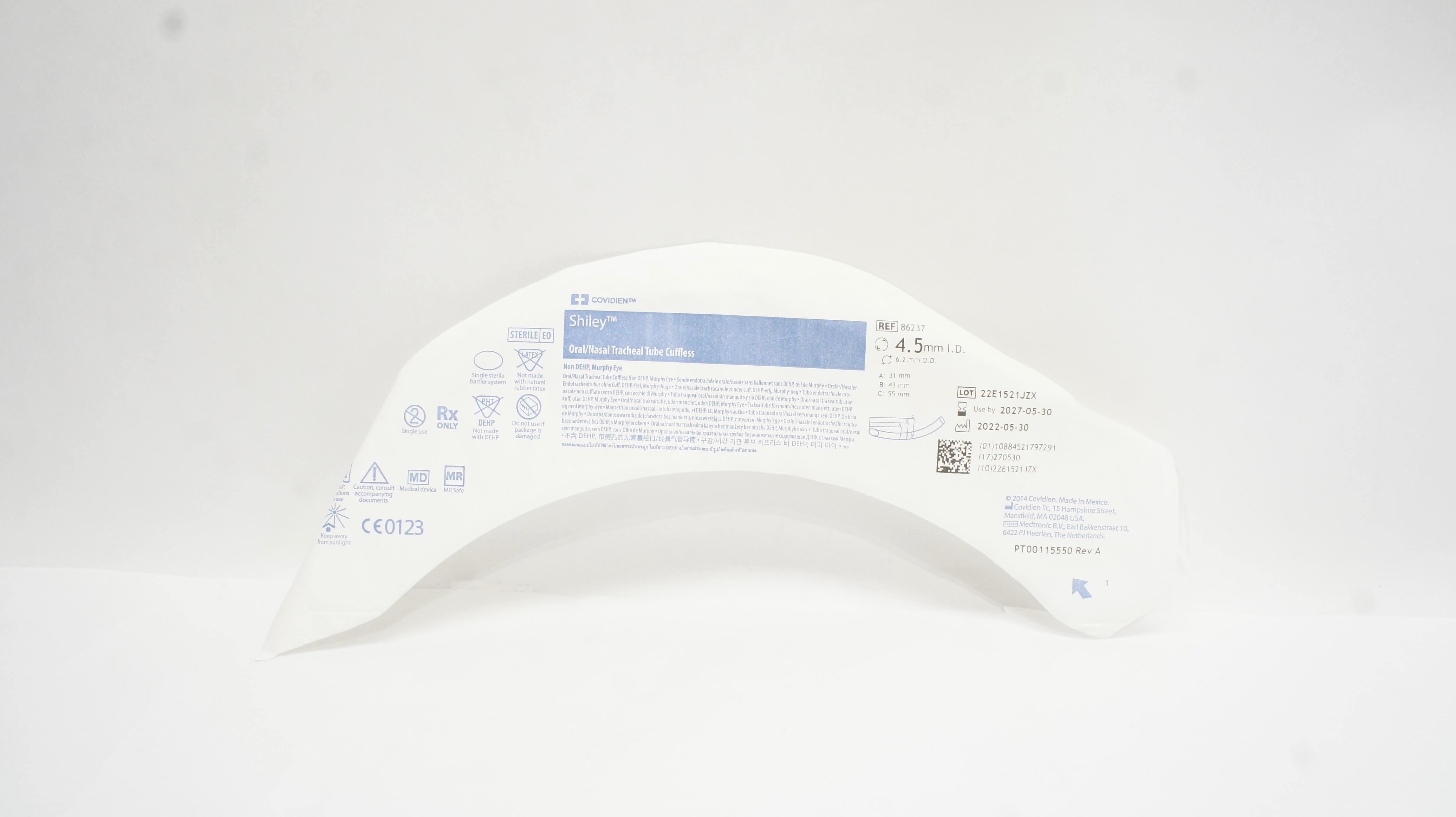 Covidien 86237 Shiley Oral/Nasal Tracheal Tube Cuffless 4.5mm I.D. x 6.2mm O.D.