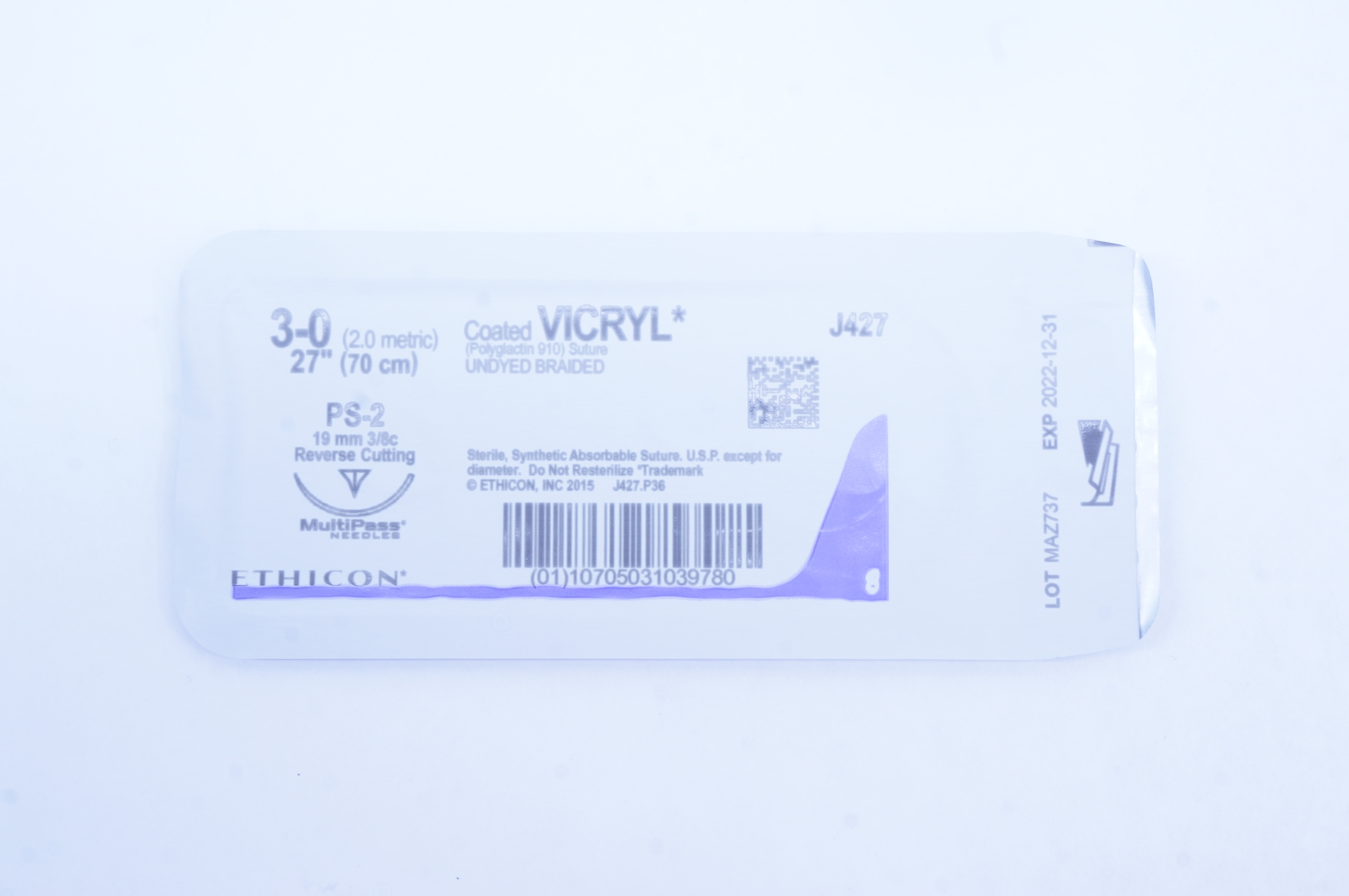 Ethicon J427 3-0 Coated VICRYL PS-2 19mm 3/8c Reverse Cutting, 27inch
