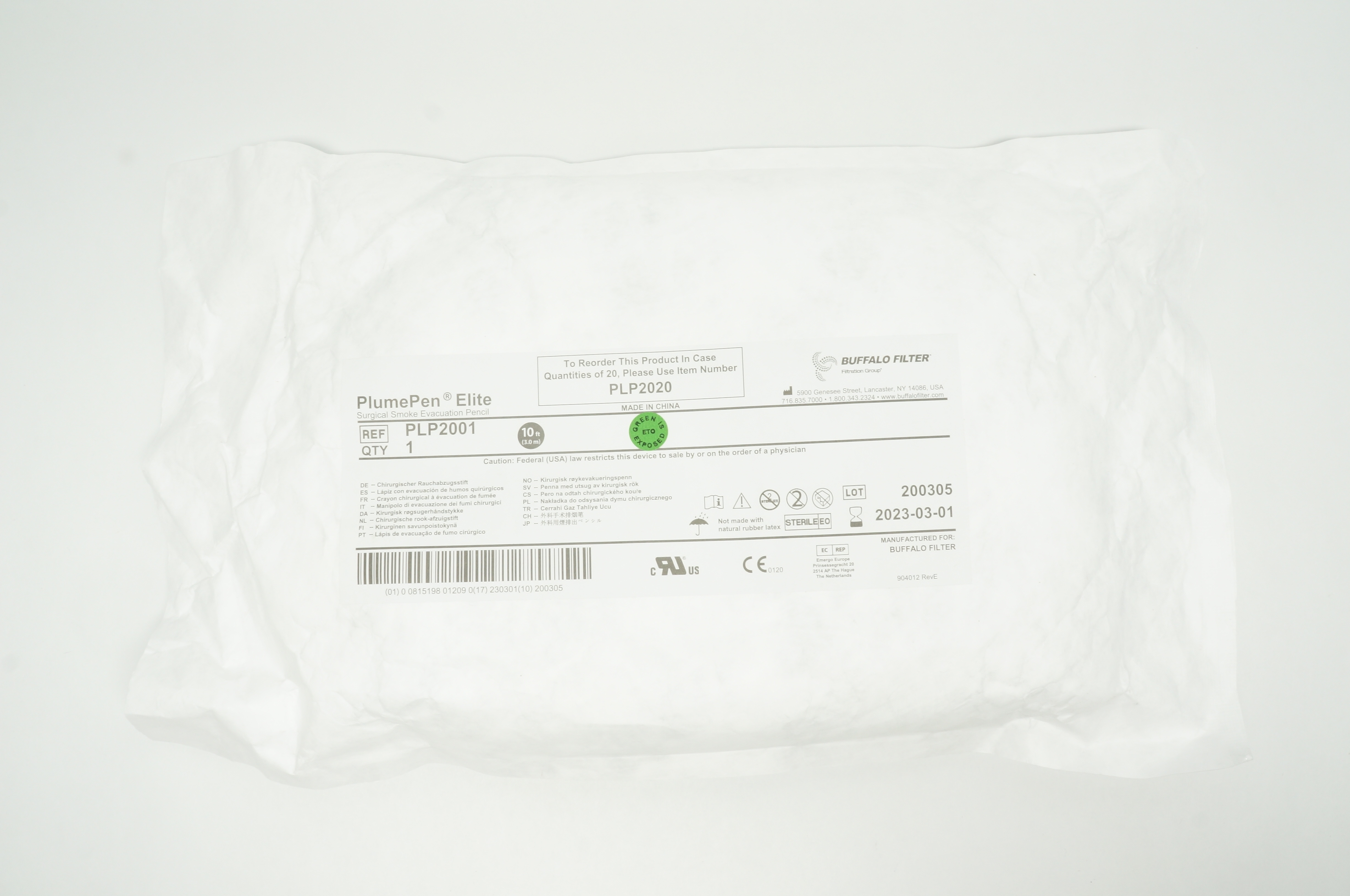 Buffalo Filter PLP2001 PlumePen Elite Surgical Smoke Evacuation Pencil 10ft.
