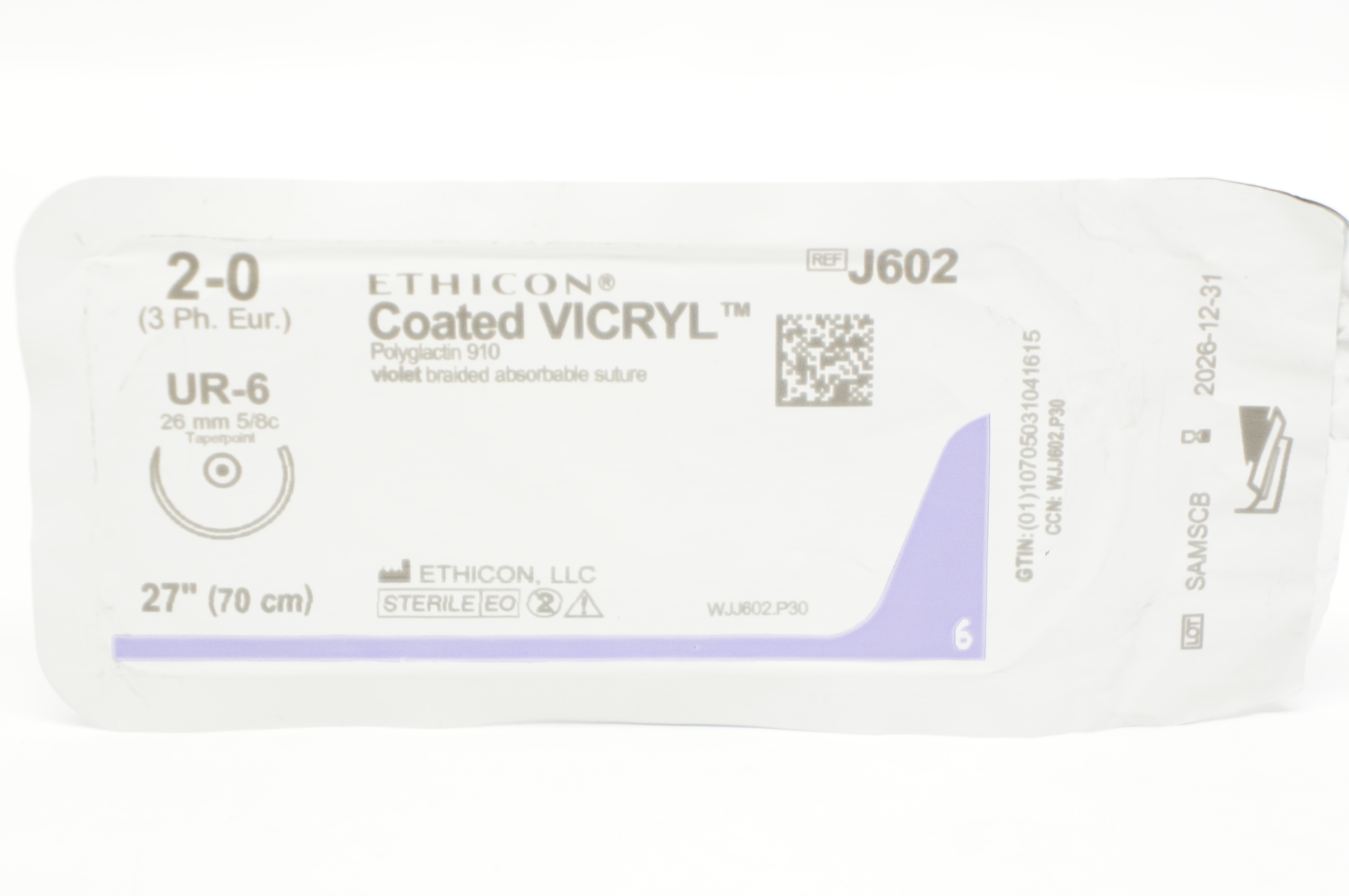 Ethicon J602 2-0 Coated VICRYL UR-6 26mm 5/8c Taper 27inch
