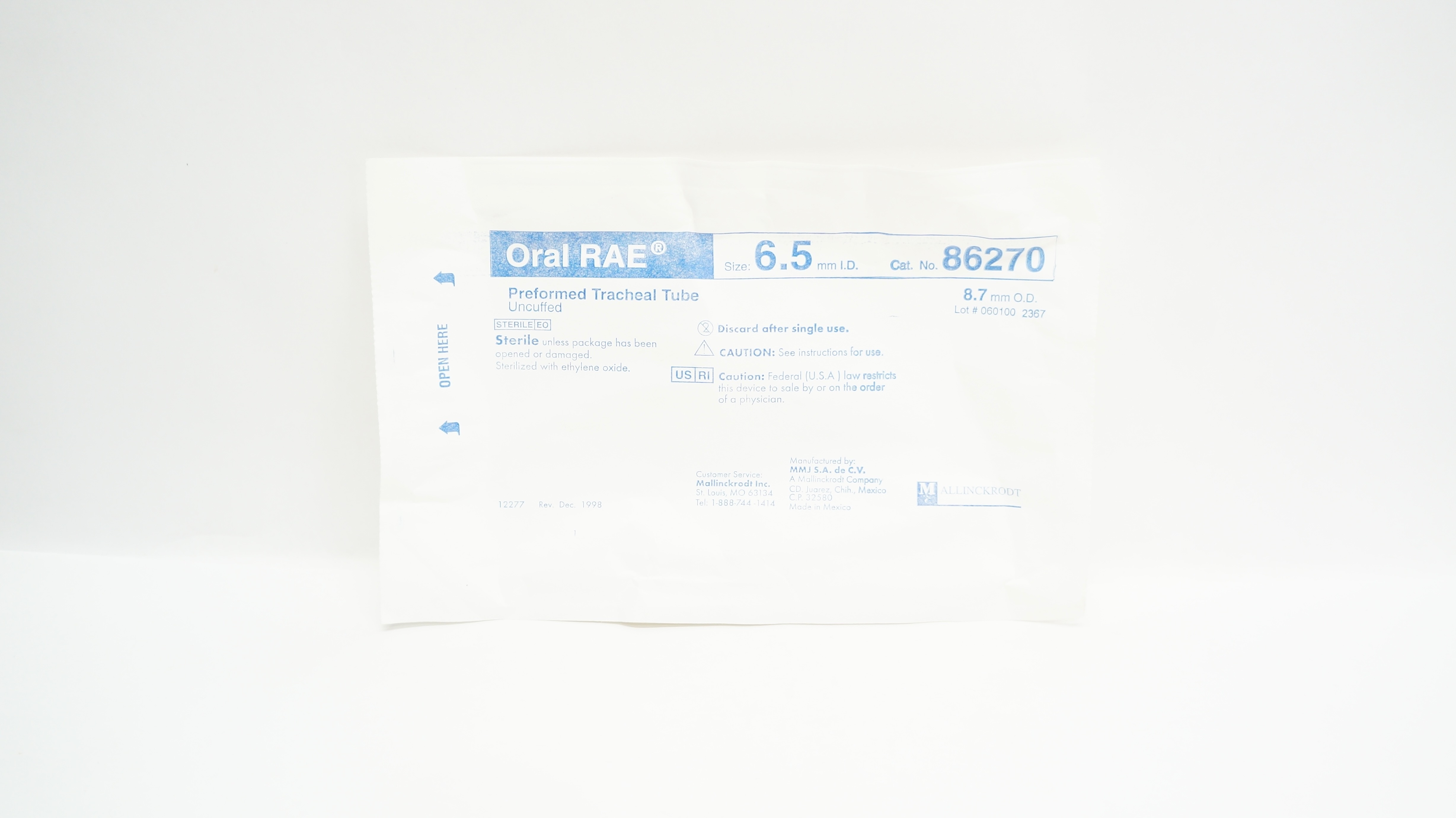 MALLINCKRODT 86270 Oral RAE Preformed Tracheal Tube 6.5mm ID, 8.7mm OD