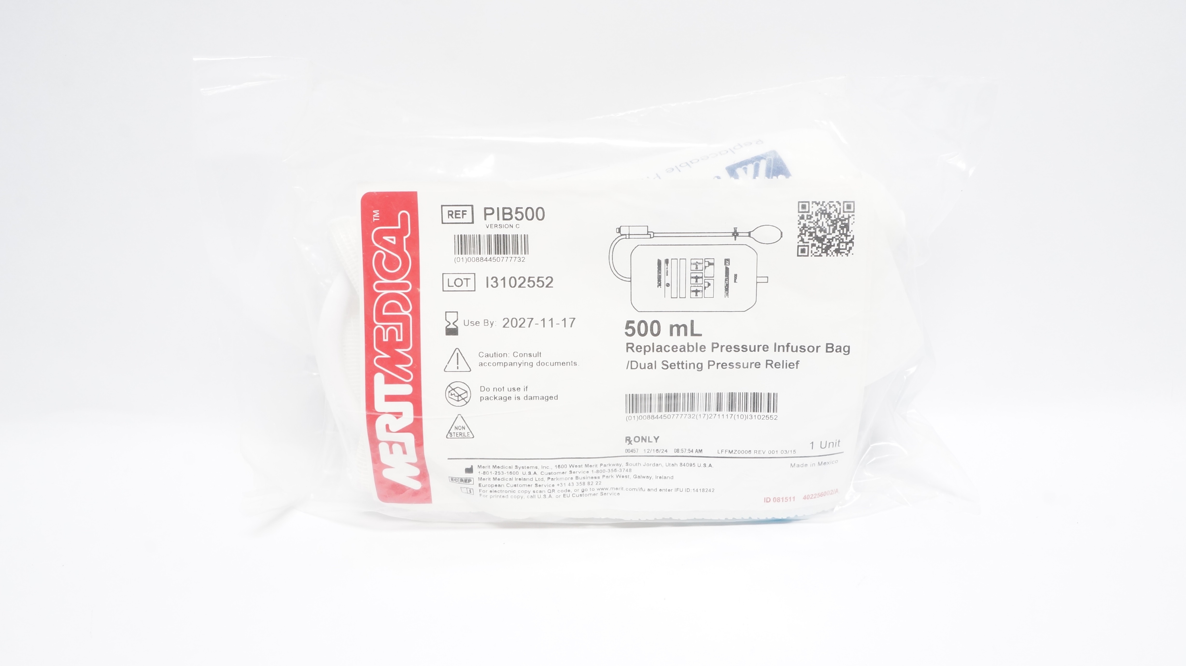 Merit Medical PIB500 Pressure Infusion Bag Dual Setting Pressure Relief 500mL