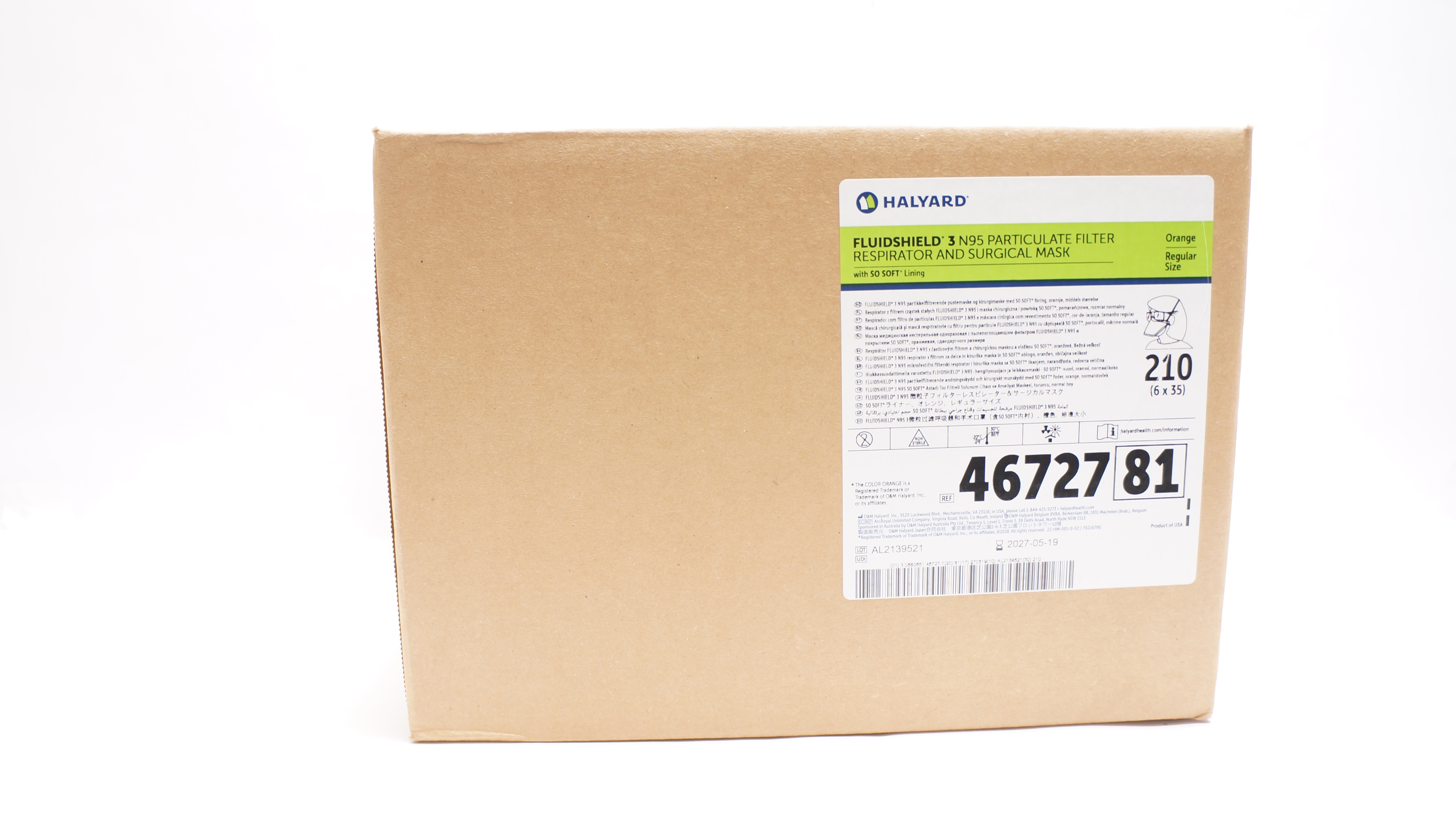 Halyard 46727 FluidShield 3 N95 Filter Respirator And Surgical Mask -Case of 210