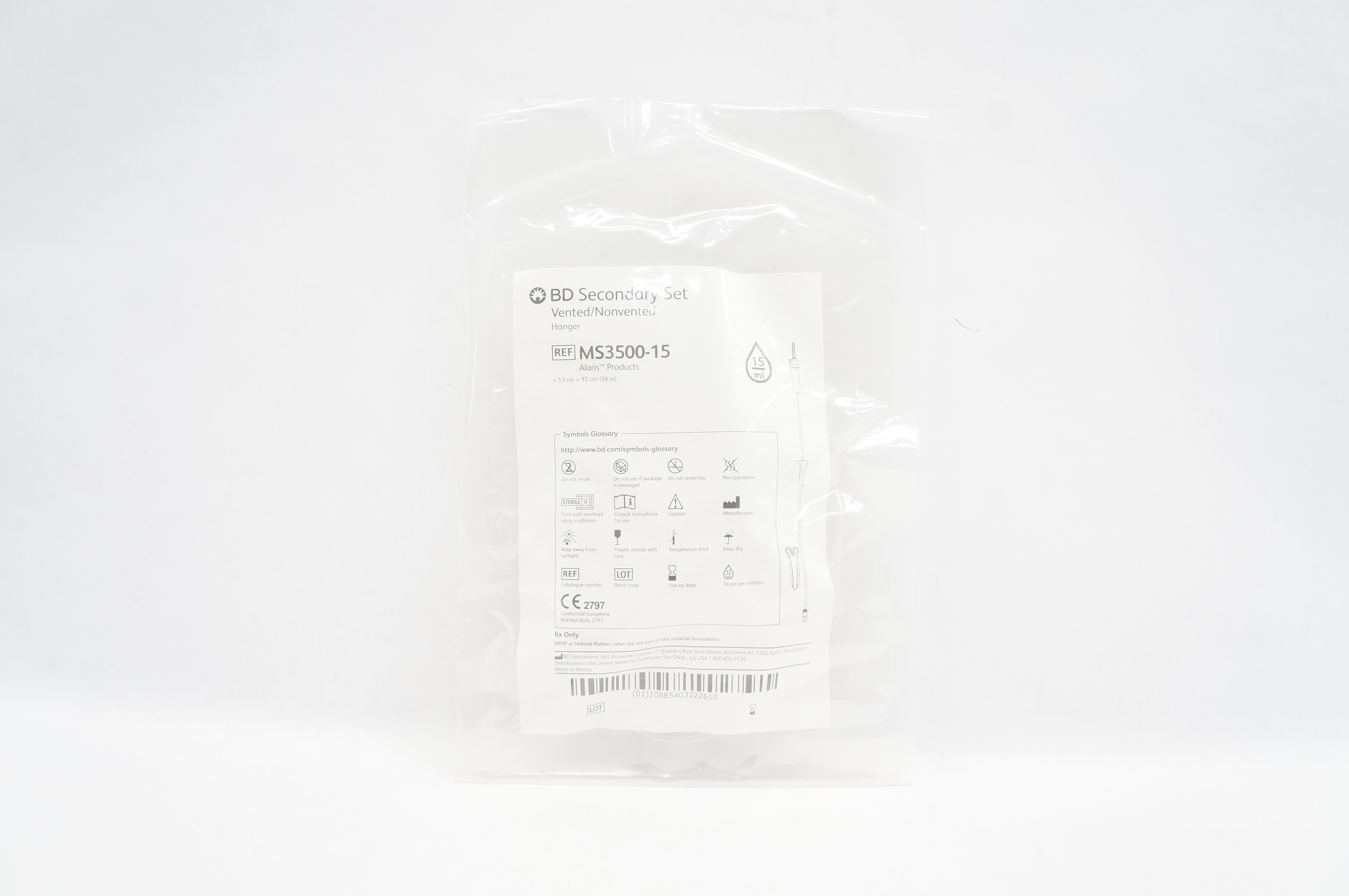 BD MS3500-15 Alaris Secondary Set Vented/Nonvented Hanger 15 mL x 36 inch