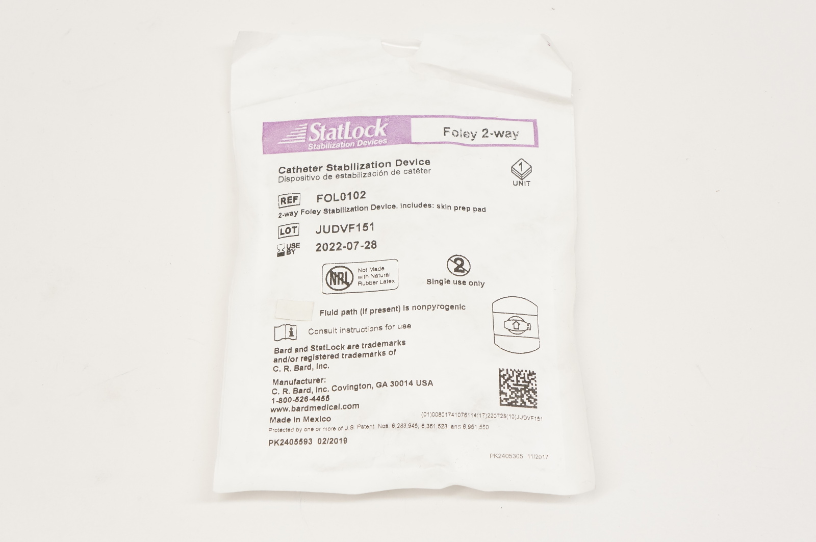 Bard FOL0102 StatLock Cath. Stabilization Device, Foley 2-Way (x)