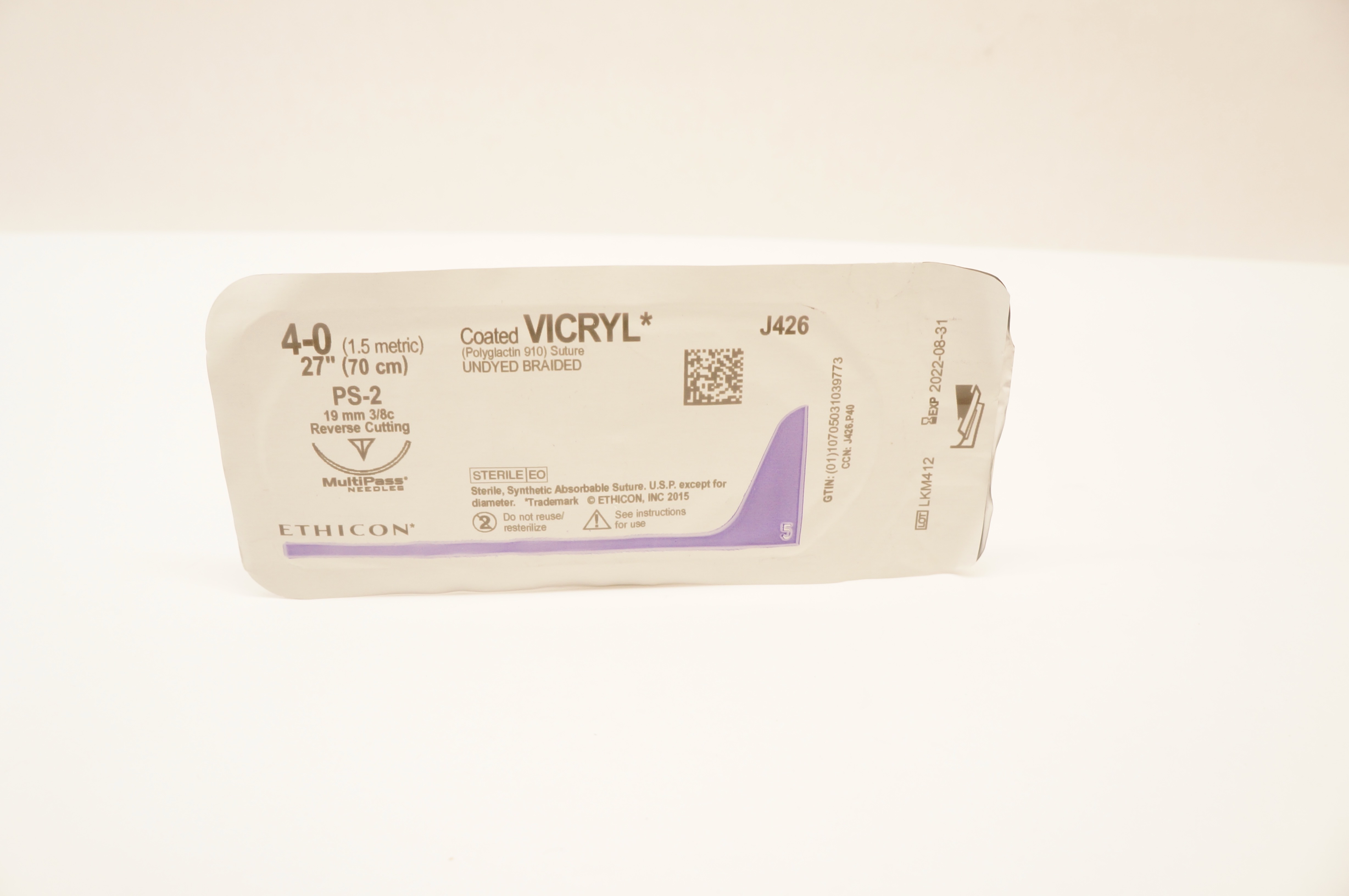 Ethicon J426 4-0 Coated Vicryl Stre PS-2 19mm 3/8c Reverse Cutting 27inch (x)