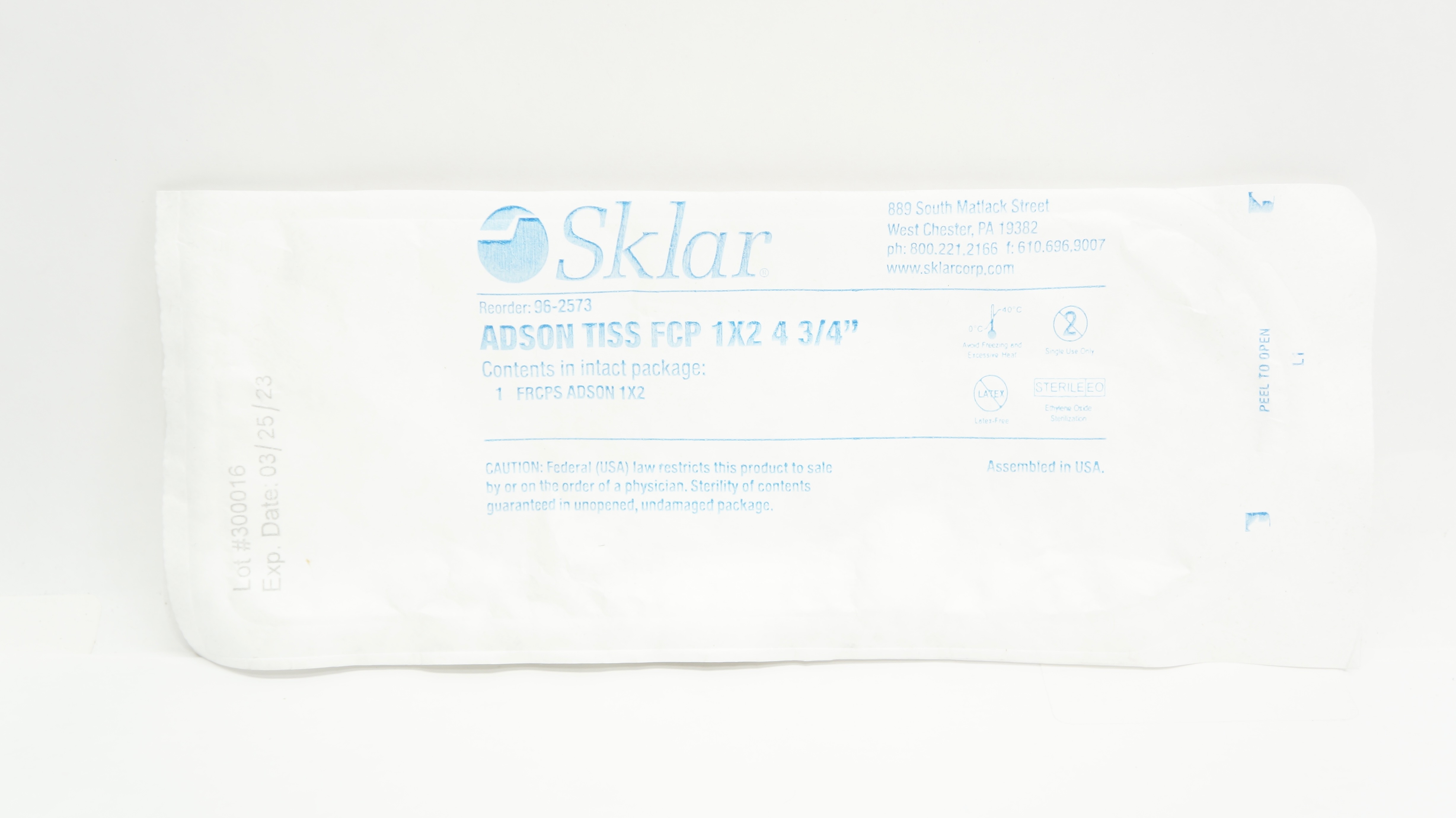 Sklar 96-2573 Adson Tissue Forceps, 1 x 2, 4.75 inch (x)