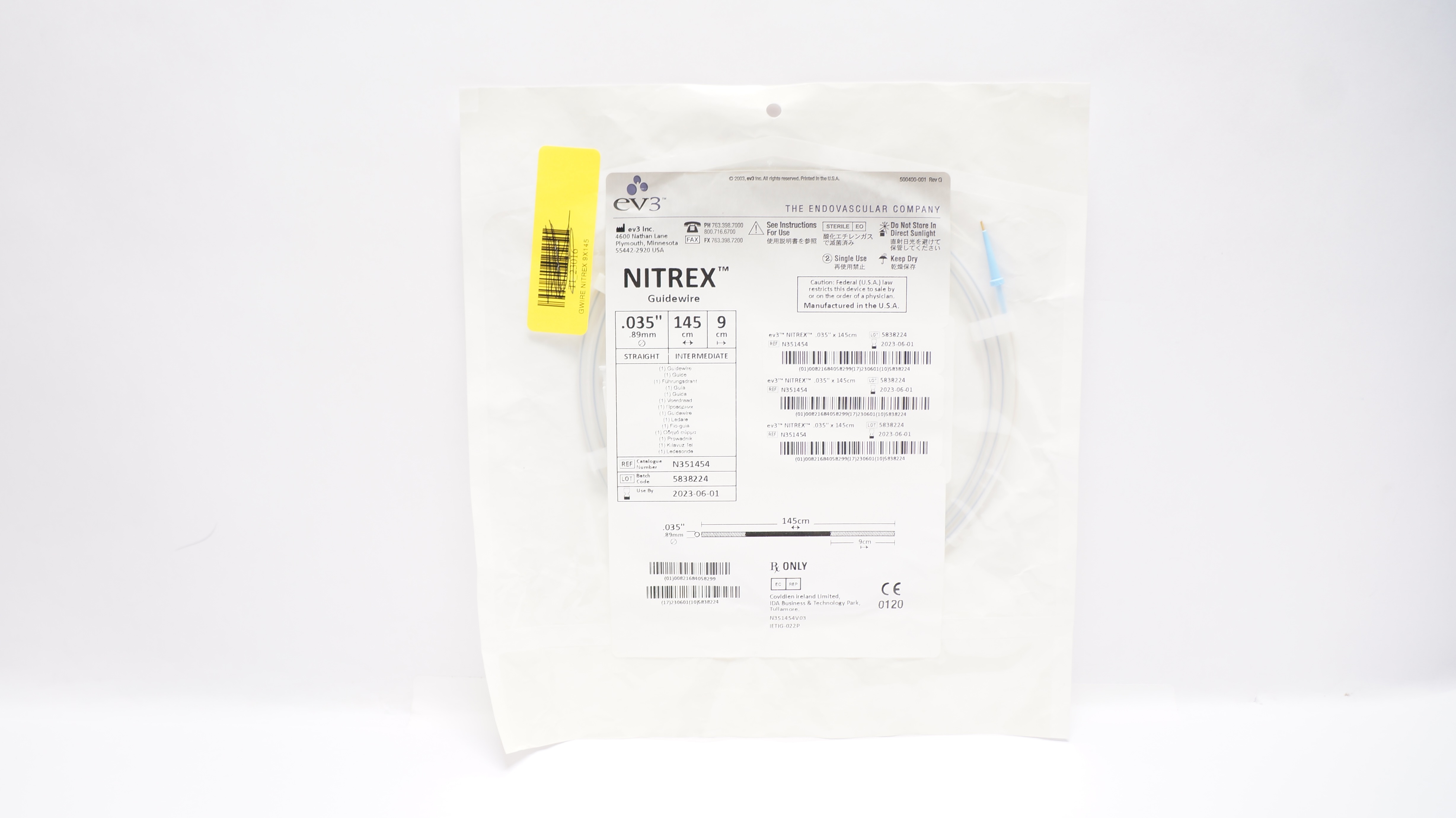 ev3 N351454 Nitrex Straight Guidewire .035inch x 145cm x 9cm(x)