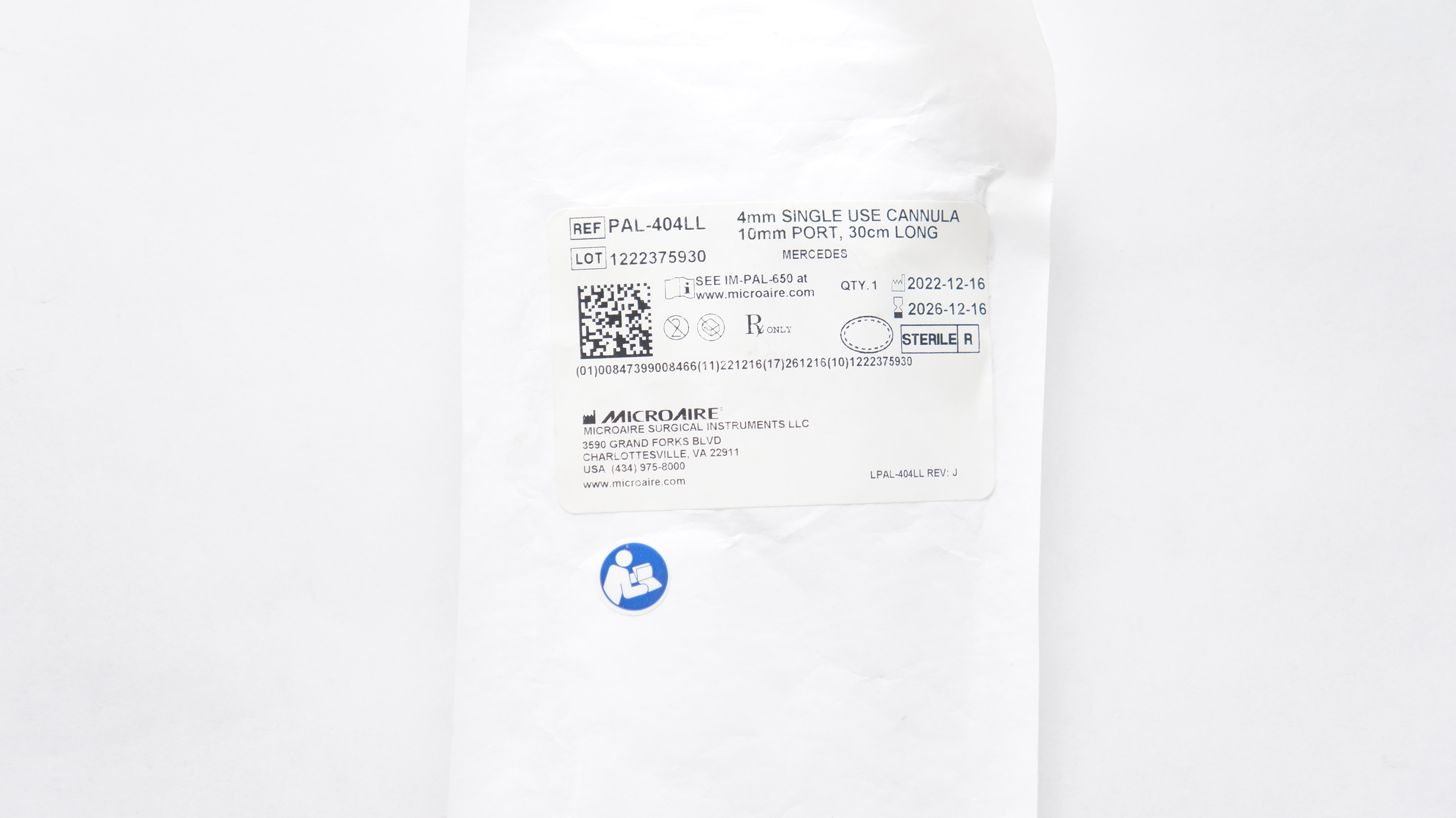 Microaire PAL-404LL 4.0mm Cannula 10mm Port 30cm Long Mercedes