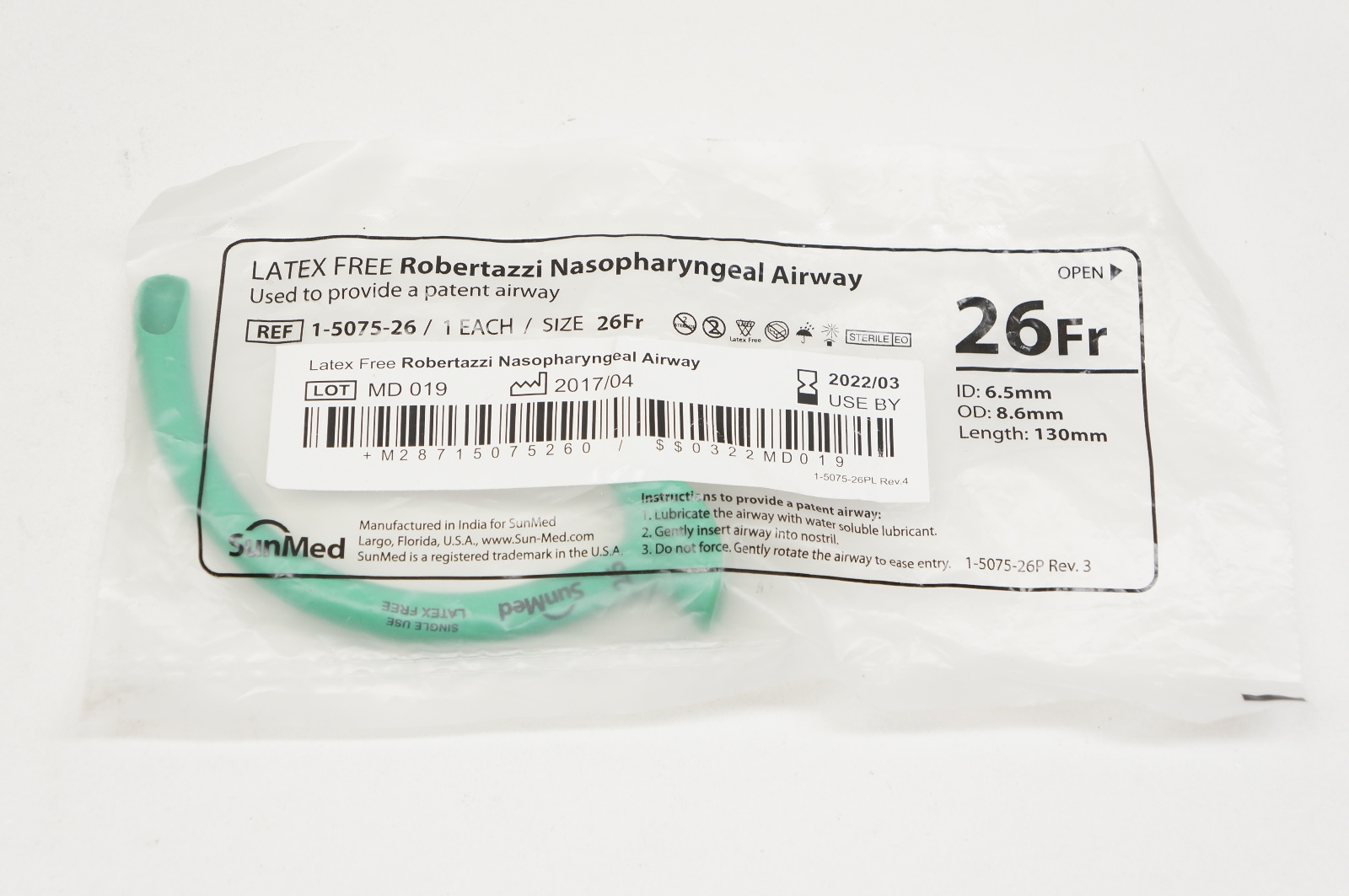 SunMed 1-5075-26 Robertazzi Nasopharyngeal Airway 26Fr. (x)